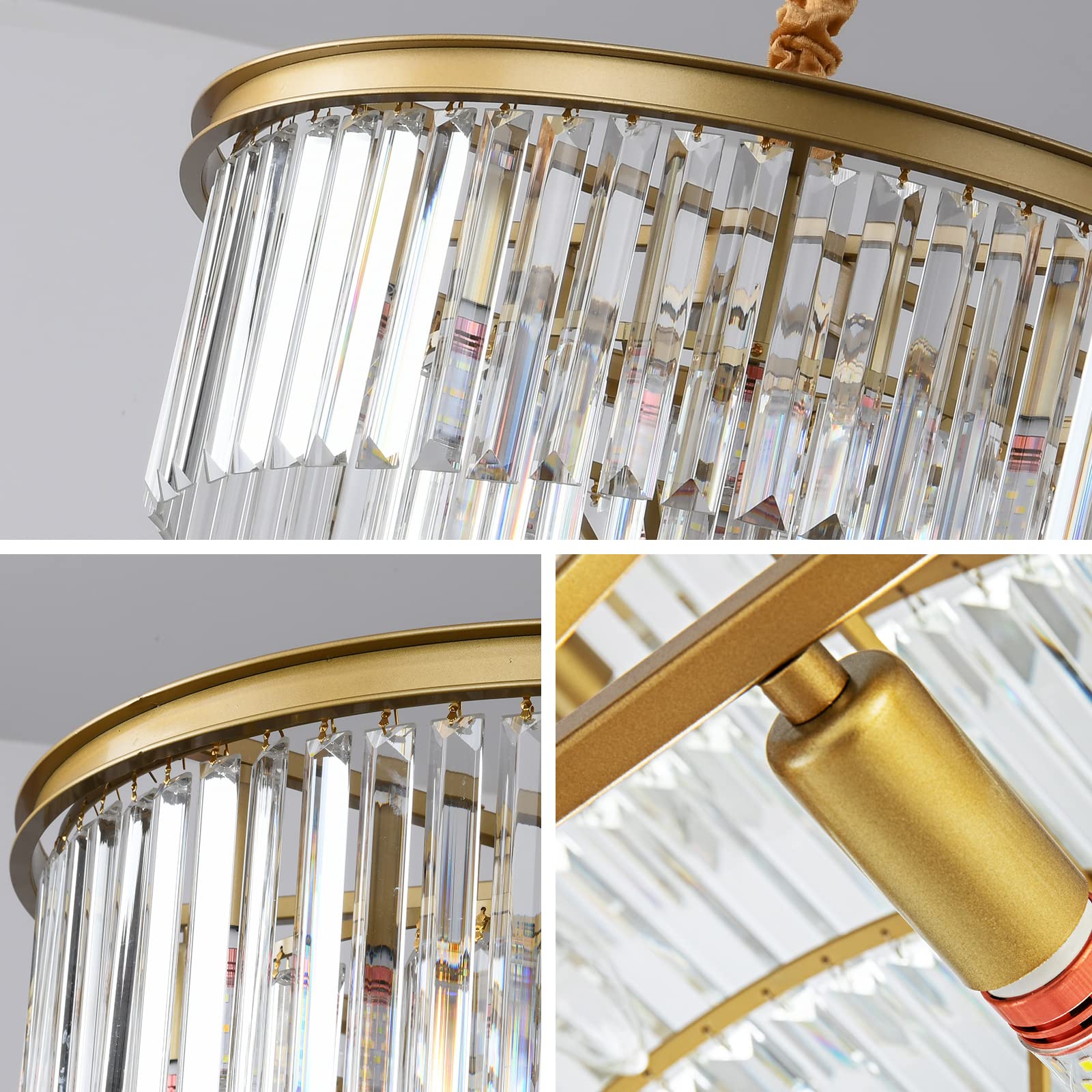 Laiuetai Gold Modern Crystal Chandelier  3-Tier Round Flush Mount Ceiling Light Fixtures Height Adjustable Pendant Lighting For Dining Room Living Room Bedroom Kitchen Hotel Foyer