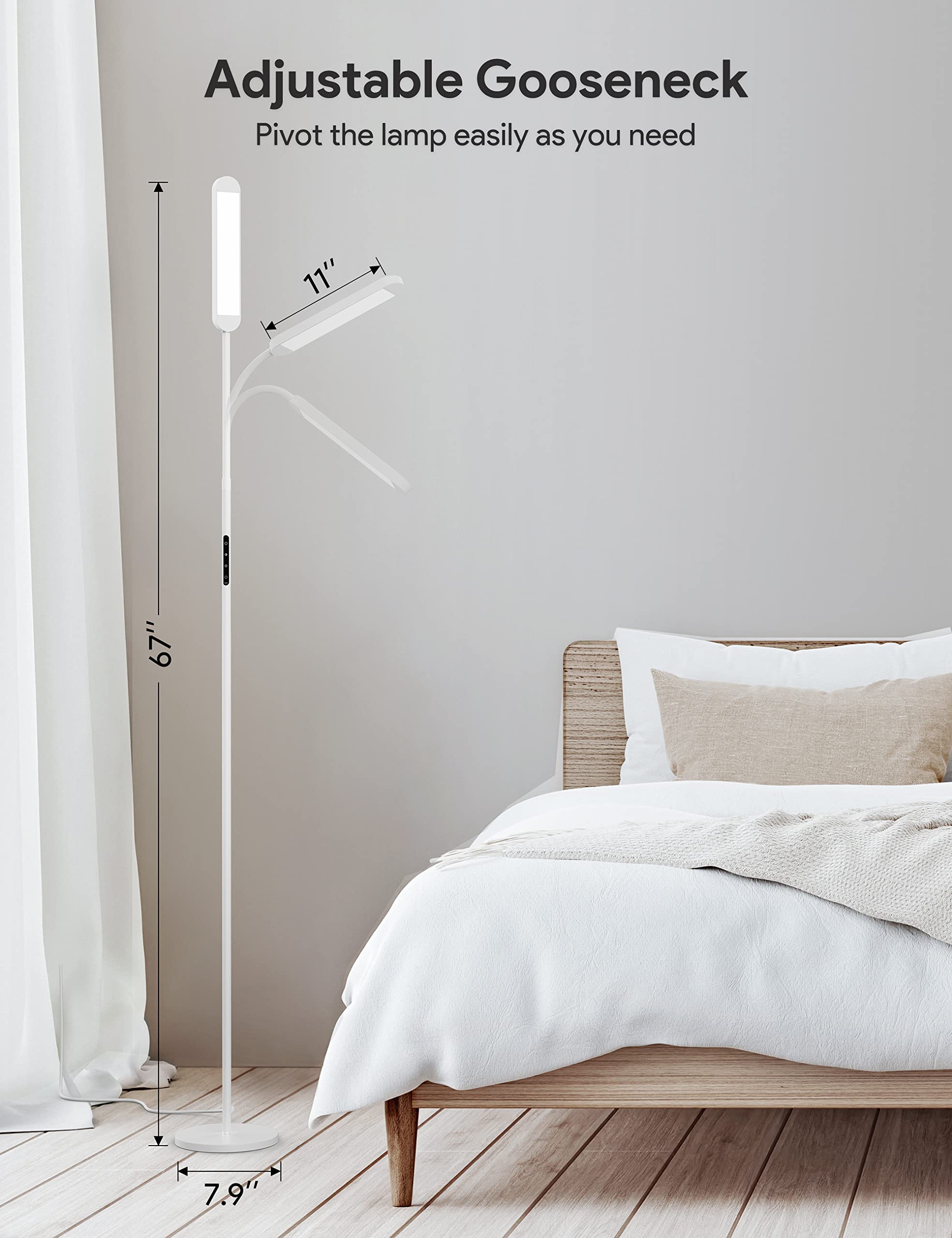 MediAcous LED Floor Lamp with Remote, 5 Colors & Brightness, Gooseneck, White, Model ME-FL01