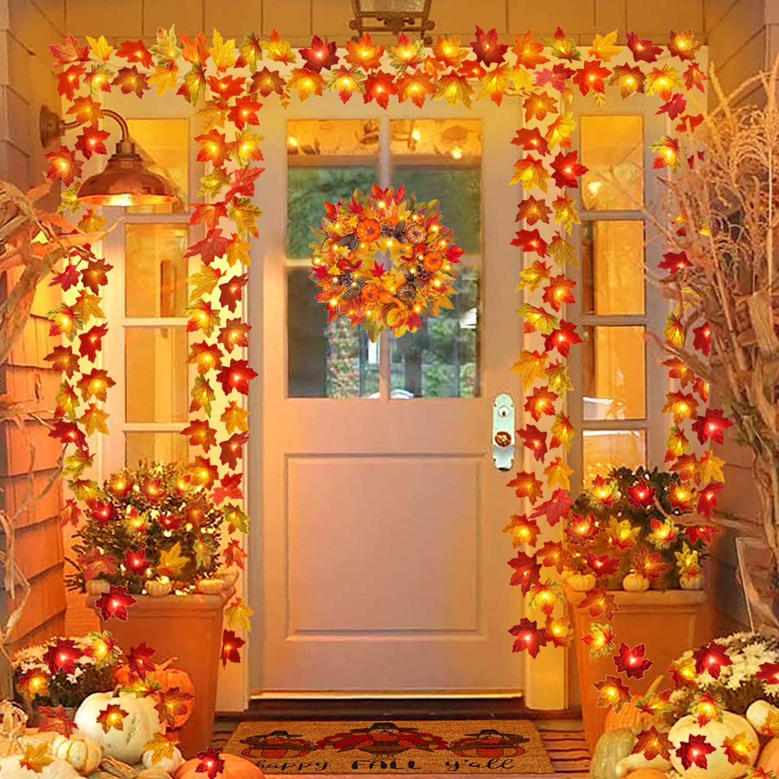 Runleo 2 Pack Maple Leaf Lights - 20Ft 40LED Battery Operated Fall Decor, Orange Copper for Indoor/Outdoor Autumn Harvest