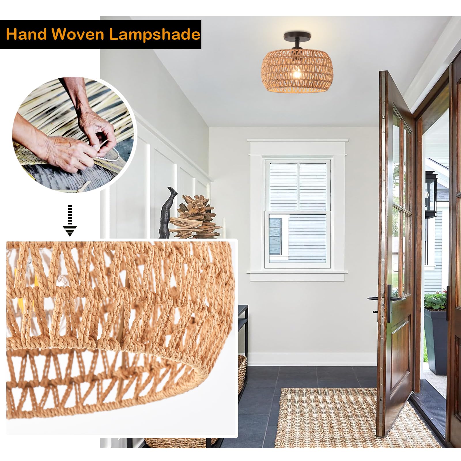 KOONTING Semi Flush Mount Ceiling Light, Hand Woven Rattan, 12.6 in Boho Shade, Brown, Model guu331