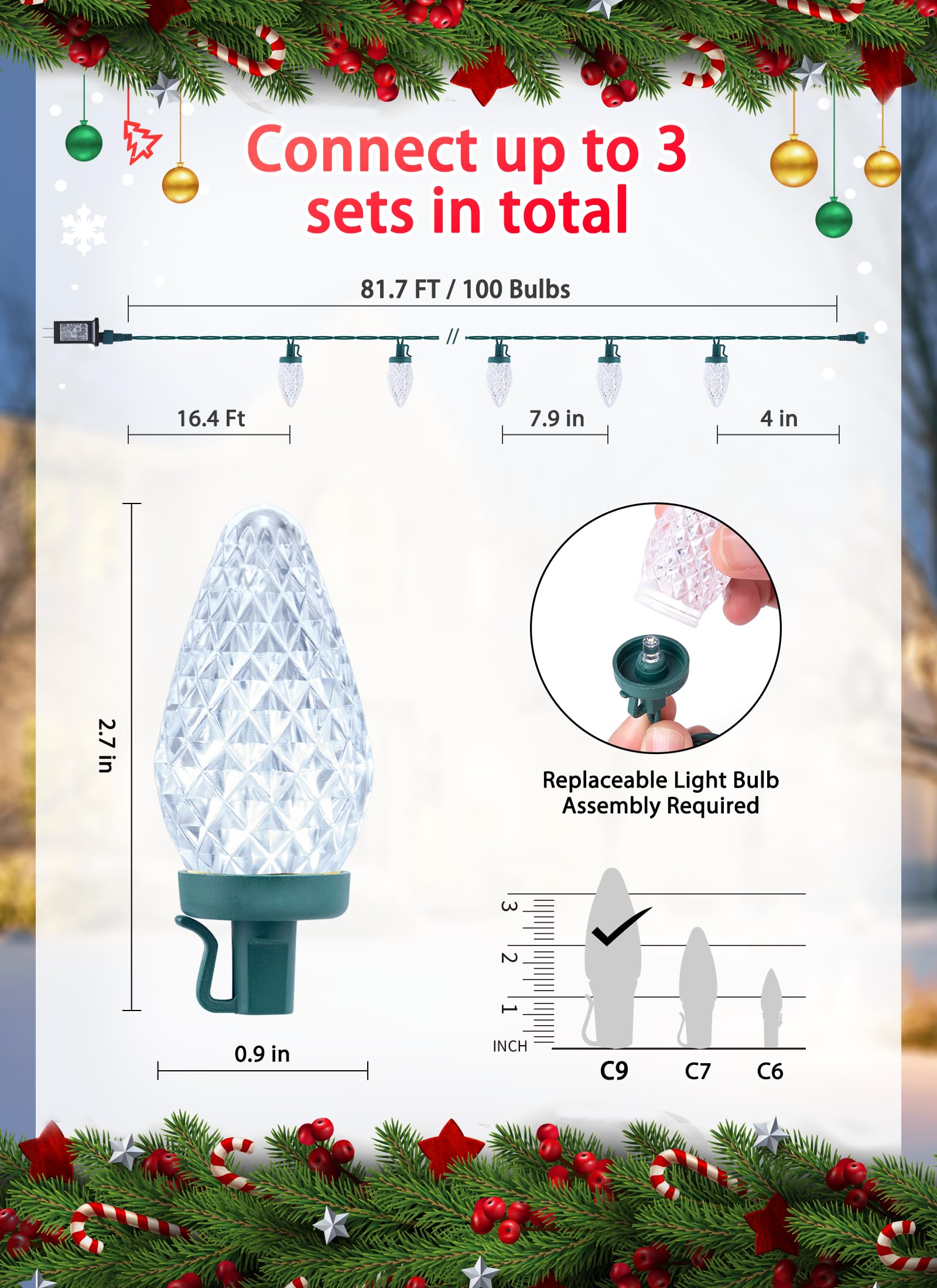 Minetom C9 LED Christmas Lights Outdoor, 81ft, 100 LEDs, Waterproof, Timer, Pure White, Model JT-EL/FC300V0200-C