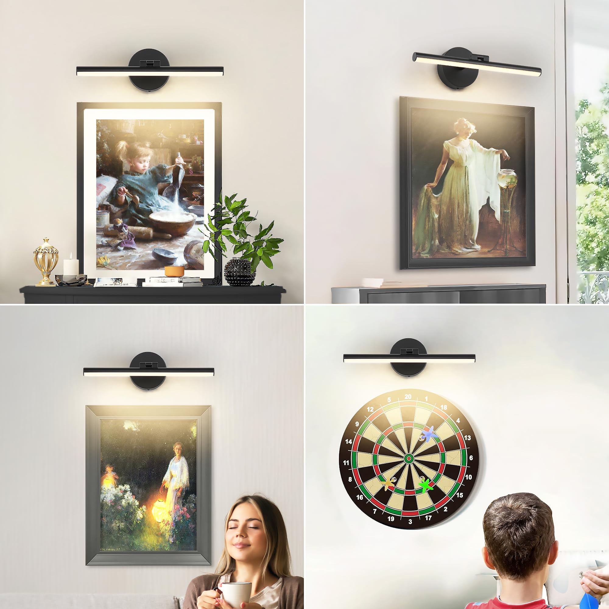 Pasoar Hardwired Adjustable Lighting Matte Black Modern Led Picture Lights For Paintings 15.7'' Inch Long Swing Arm Metal Art Lights Warm White 3000K
