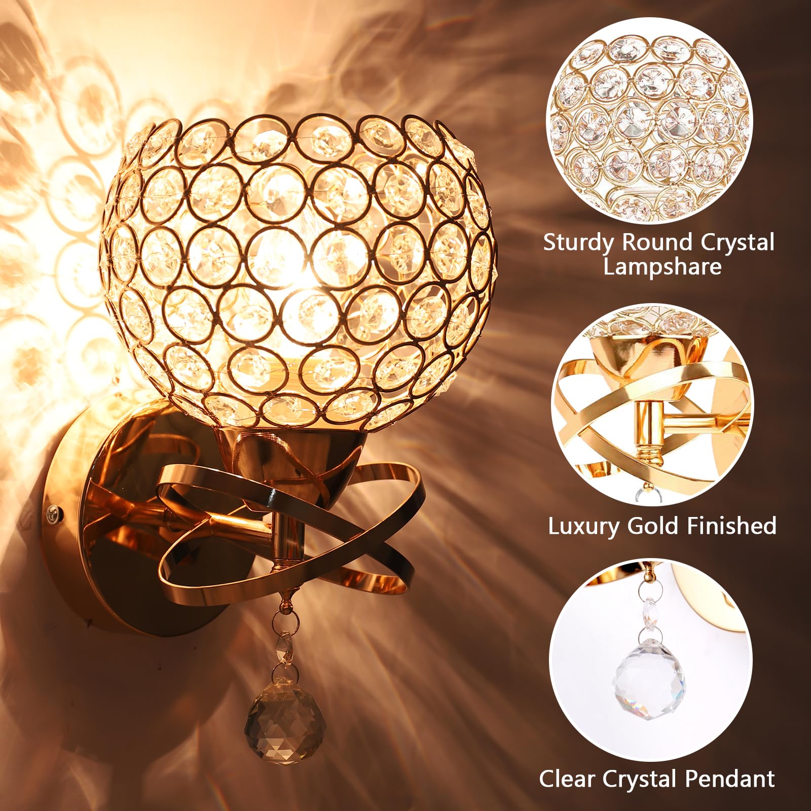 TISLYCO Gold Wall Sconces Set of Two, Modern Crystal Lighting, E26 Socket, Hardwired, Metal, Model HU-XI-201