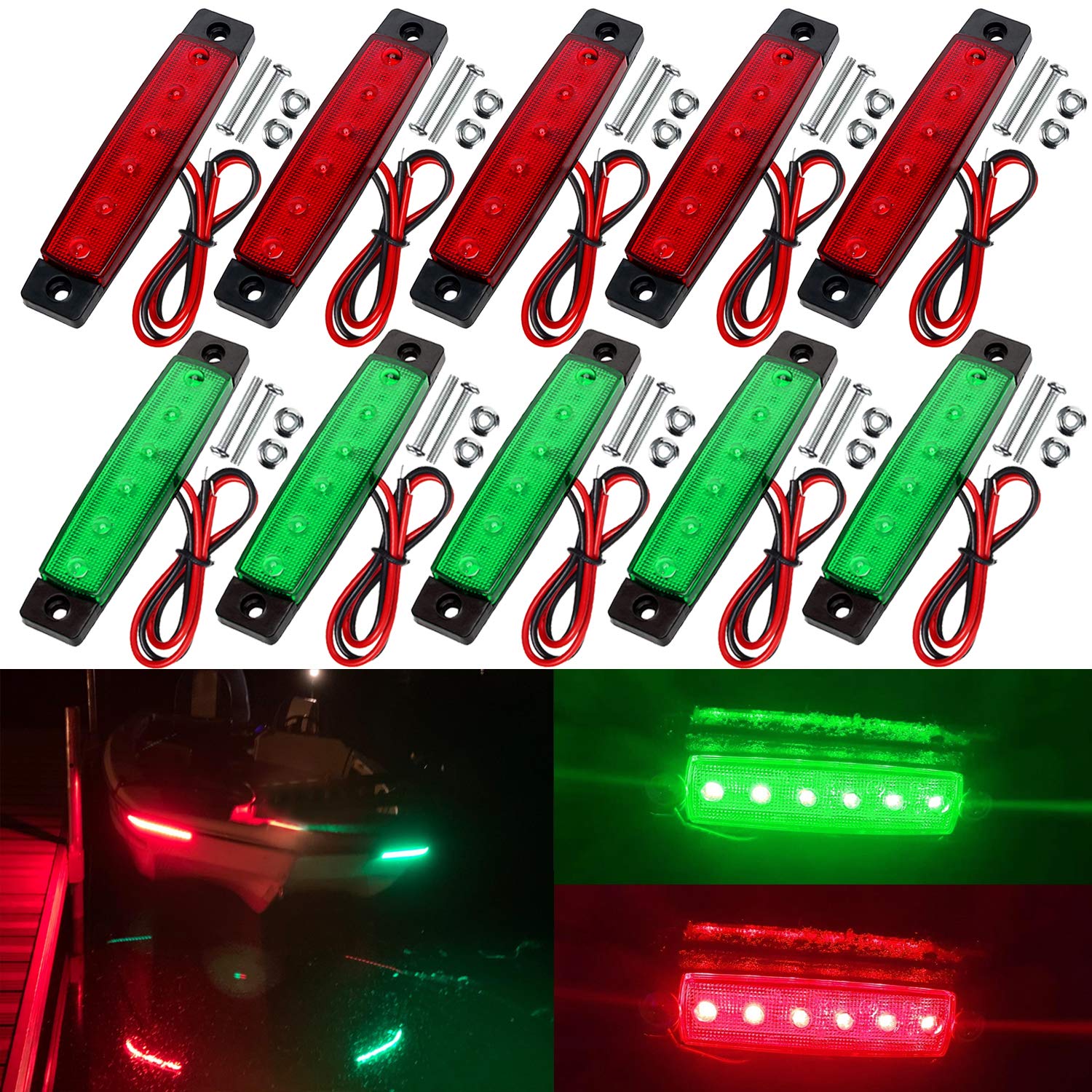 KEING Marine Boat LED Navigation Lights, 12V Cabin Deck Courtesy Light, (5 Red + 5 Green) for Kayak, Yacht, Sailboat, Pontoons