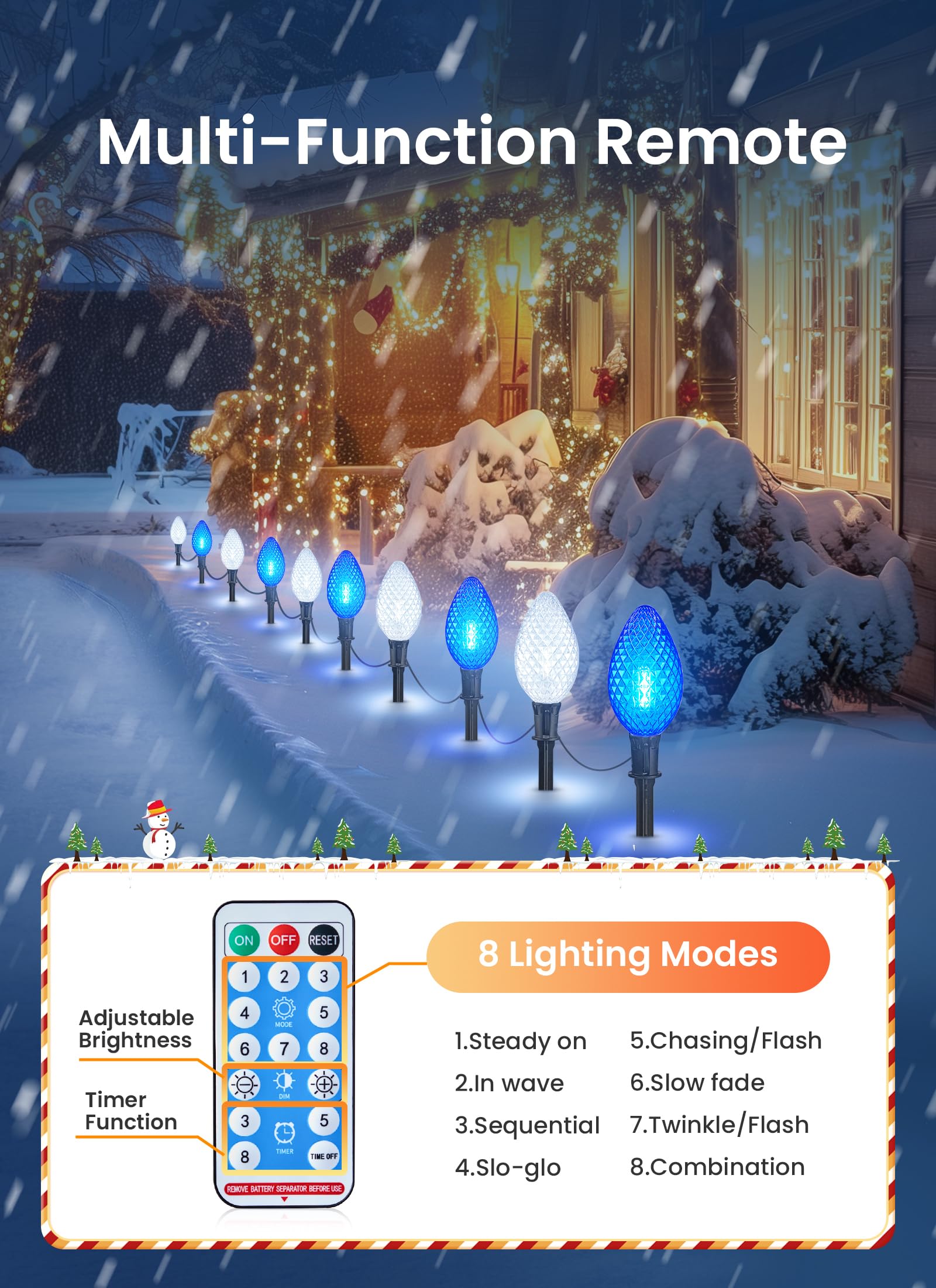 Minetom Solar C9 Strawberry Christmas Pathway Lights - 16FT, 10 LED, Timer, 8 Modes, Blue & White Outdoor Decor