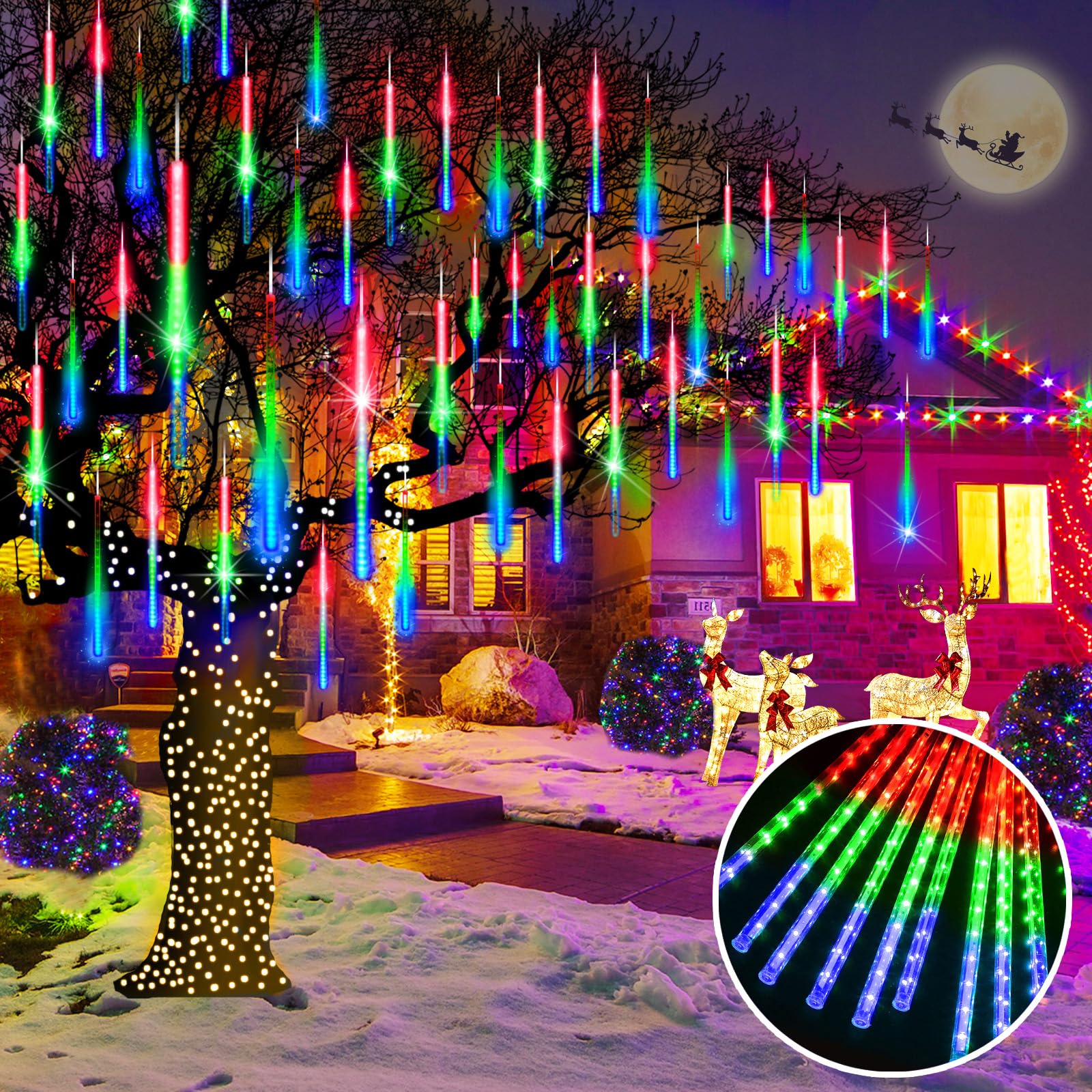 KNONEW 15in Outdoor Christmas Lights, 24 Tube 672 LED Meteor Shower, Waterproof, Multicolor, Model KN-1000-LIG168-01