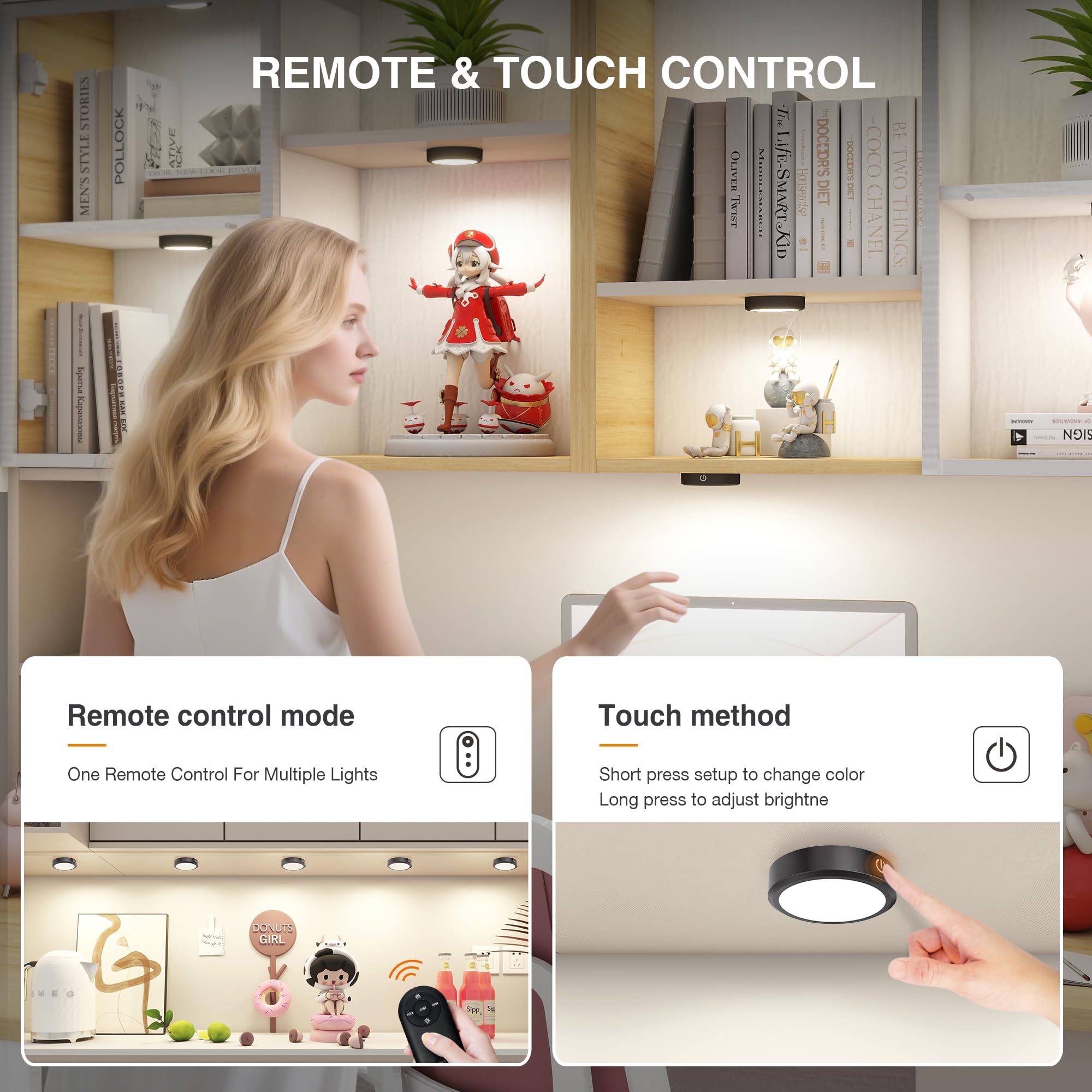 MICLIONLED Rechargeable Puck Lights, Remote Control, 3 Color Temperatures, 2 Pack, Black, Model M3-G17, Plastic, Under Cabinet Lighting