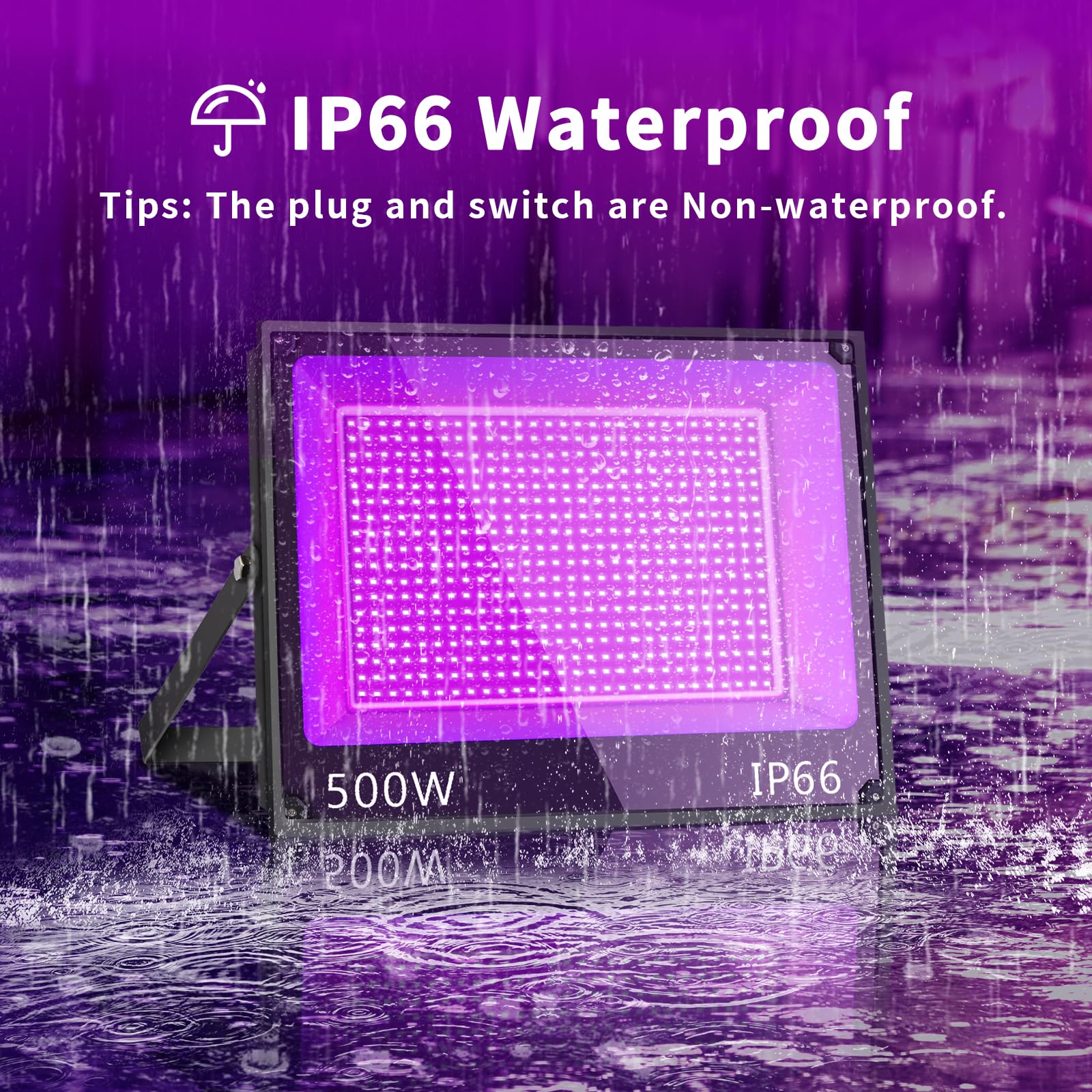 Yayit 500W Waterproof Blacklight Flood Light With 10Ft Cord+Switch, Aluminum Shell, Ip66 Outdoor Led Black Lights For Large Space, Glow Party, Halloween, Stage, Aquarium, Poster, Body Paint, 2 Pack