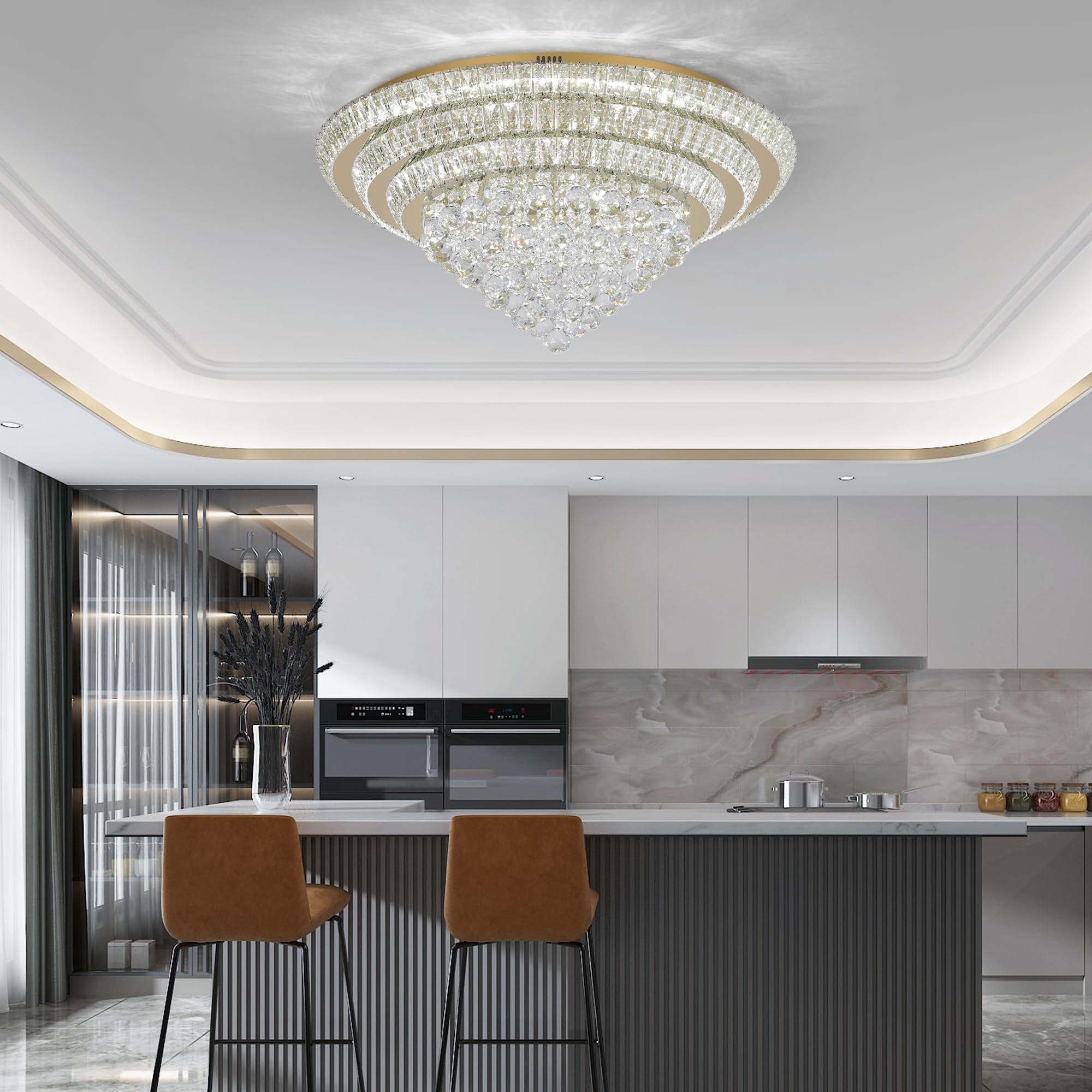 Miuyhji Large LED Crystal Raindrop Chandelier Light, 30" Rose Gold Semi Flush Mount Fixture with Remote Control for Living Room, Kitchen, Bedroom