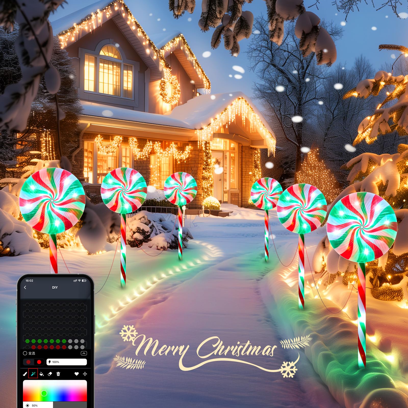 Brightown 6 Pack Smart Lollipop Pathway Lights - 120 LED Candy Cane with APP Control, 16 Million Colors, Waterproof Christmas Decor