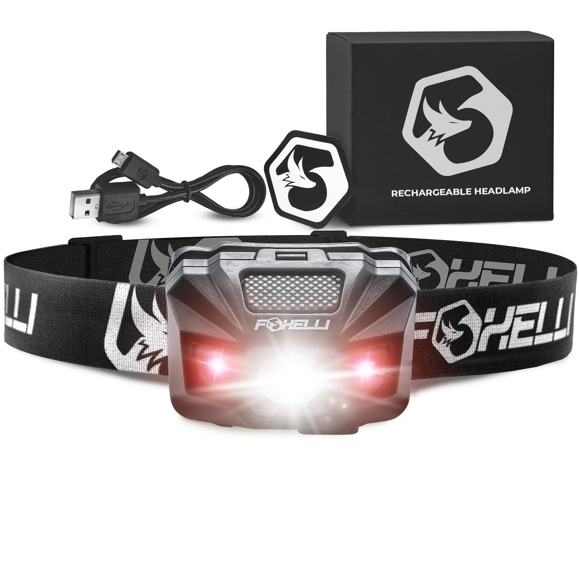 Foxelli Rechargeable LED Headlamp, Ultralight, Waterproof, USB Rechargeable, Red Light, Model MX200B, Black