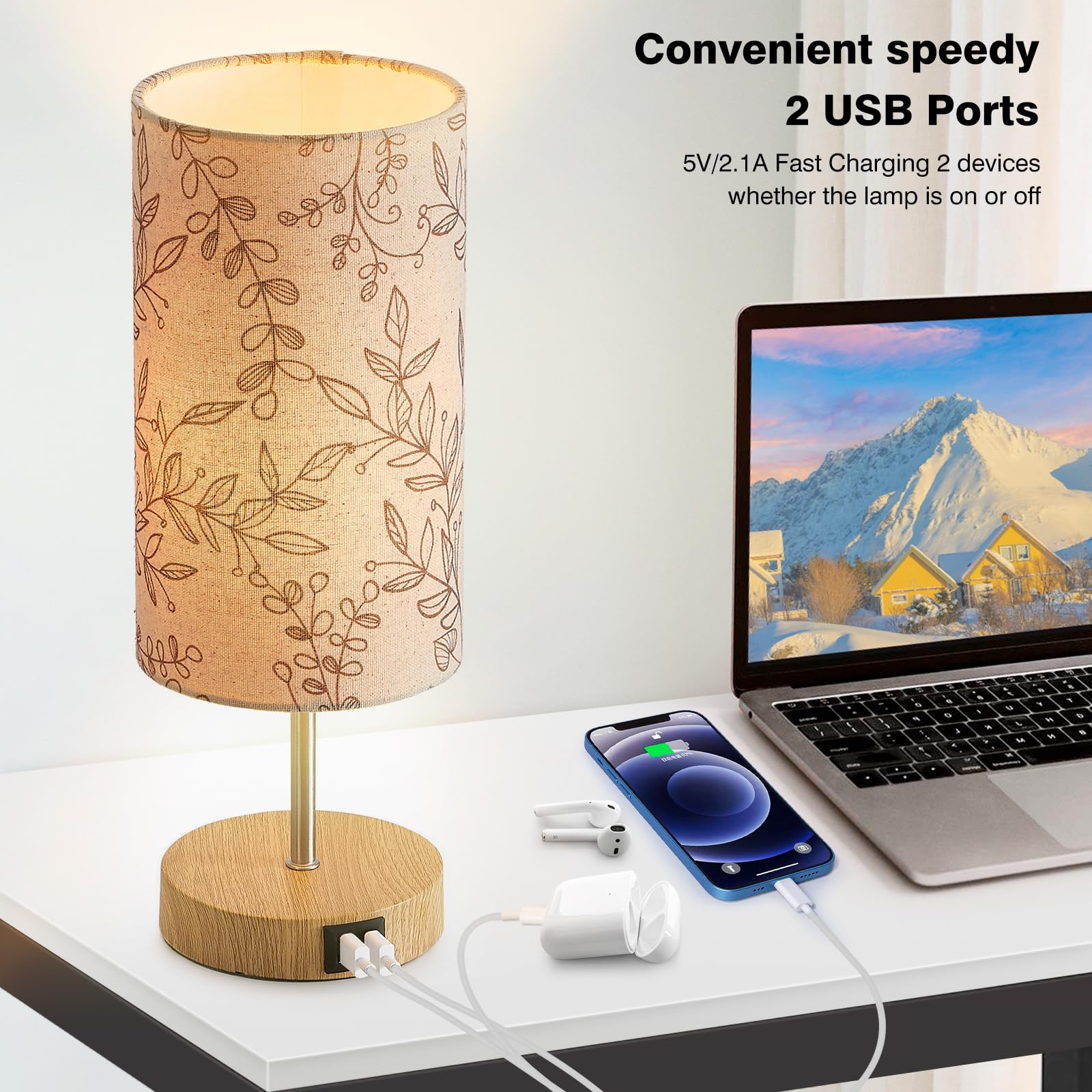 Bedside Touch Lamp, Wood Small Table Lamp For Bedroom With 2 Usb Charging Ports & Flower Fabric Shade, 3-Way Dimmable Nightstand