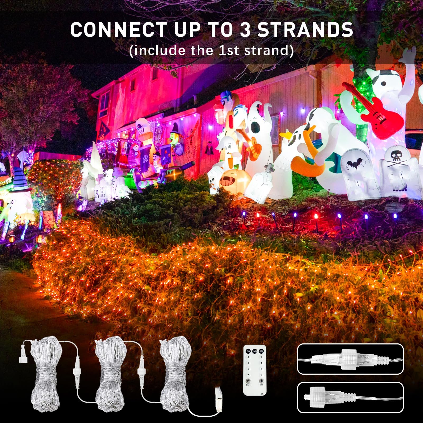 JMEXSUSS Orange Halloween Net Lights, 360 LED, 12ft x 5ft, 8 Modes, Waterproof, Remote Connectable, Model EXS-N-0360-R