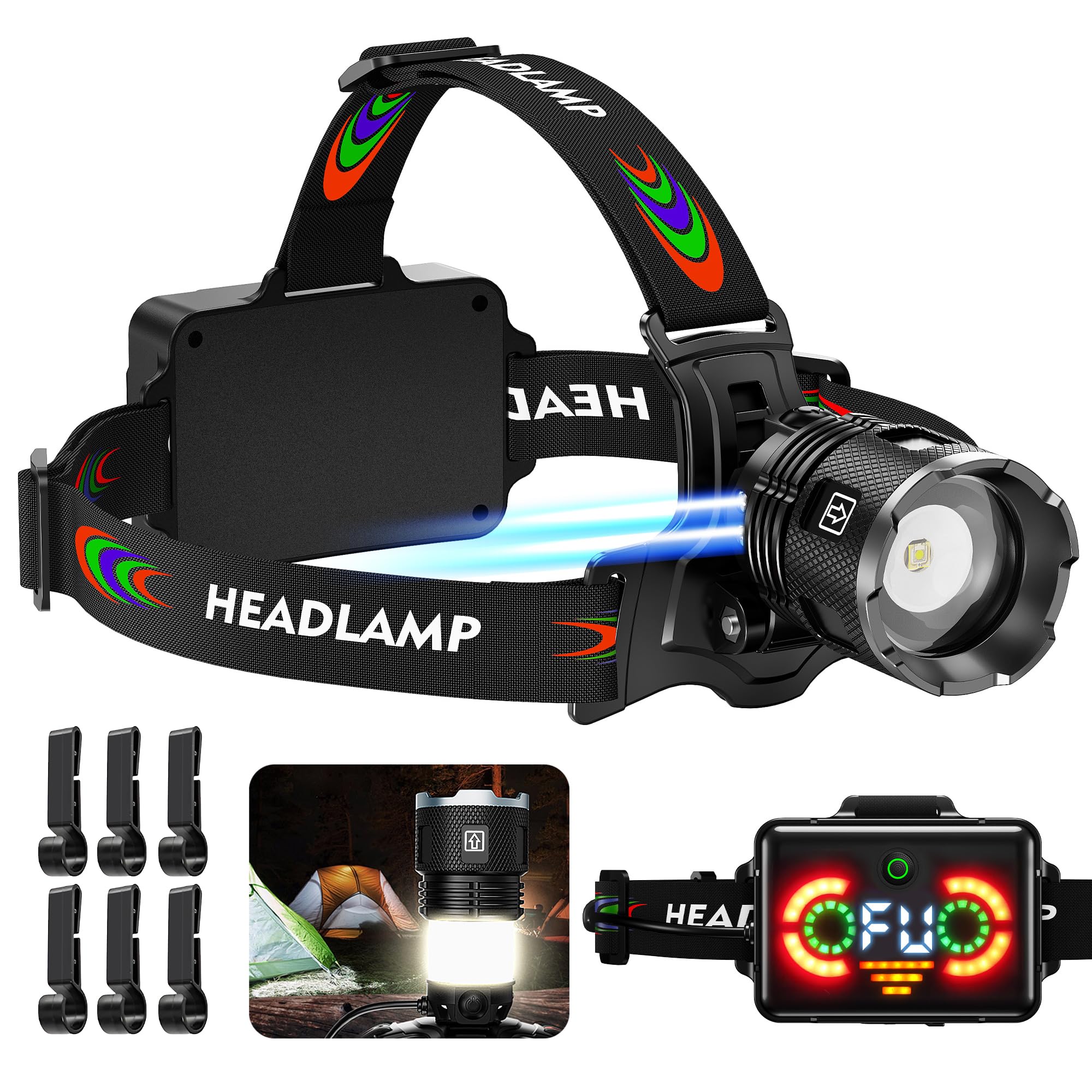 FixLiburt 17000 Lux Bright Camping Headlamp Function 17 Modes Motion Sensor Adjustable Focus, 95H Standby IP65 Waterproof, 125An