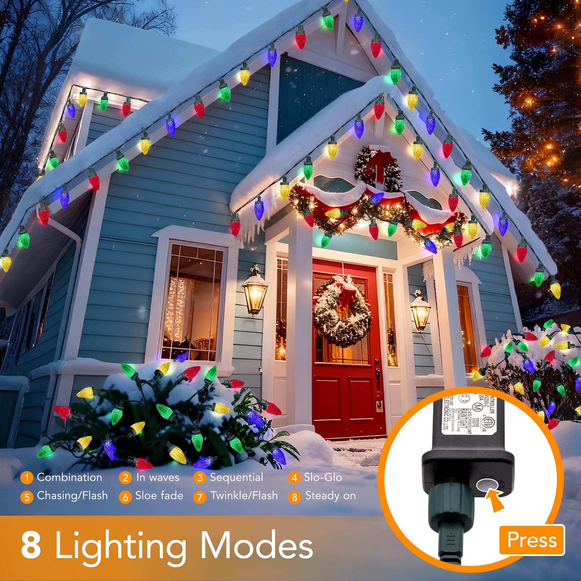 Ucutely C9 Led Christmas Lights Outdoor 33 Feet 50 Led 8 Lighting Modes Waterproof Connectable Christmas String Lights For Outside Roofline Patio Home Xmas Decorations (Multicolored)