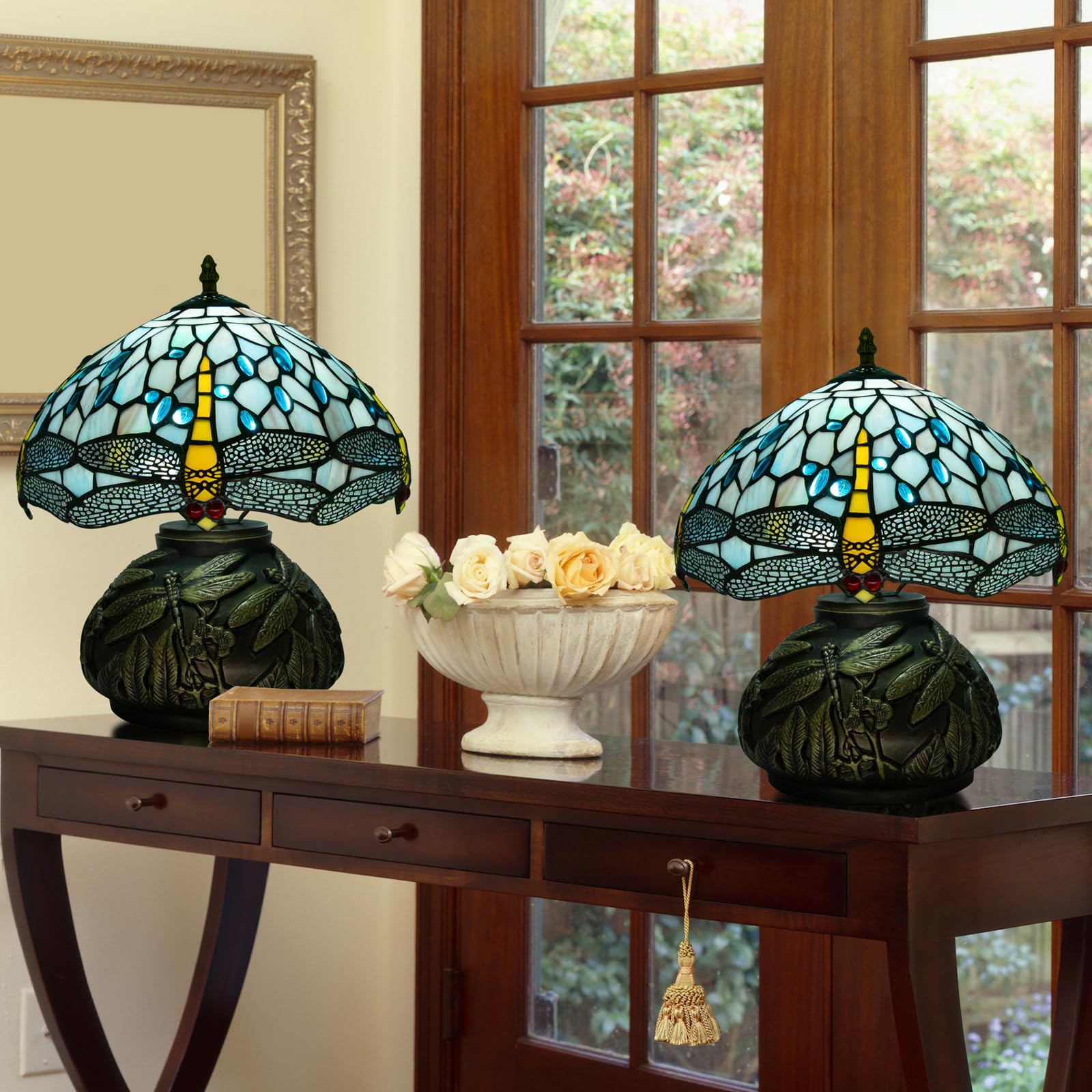 Ppbmocw 12 Inch Dragonfly Tiffany Lamp With Remote Control, Adjustable Brightness And Color Temperature, E26 Bulb, 9W, Ocean Blu