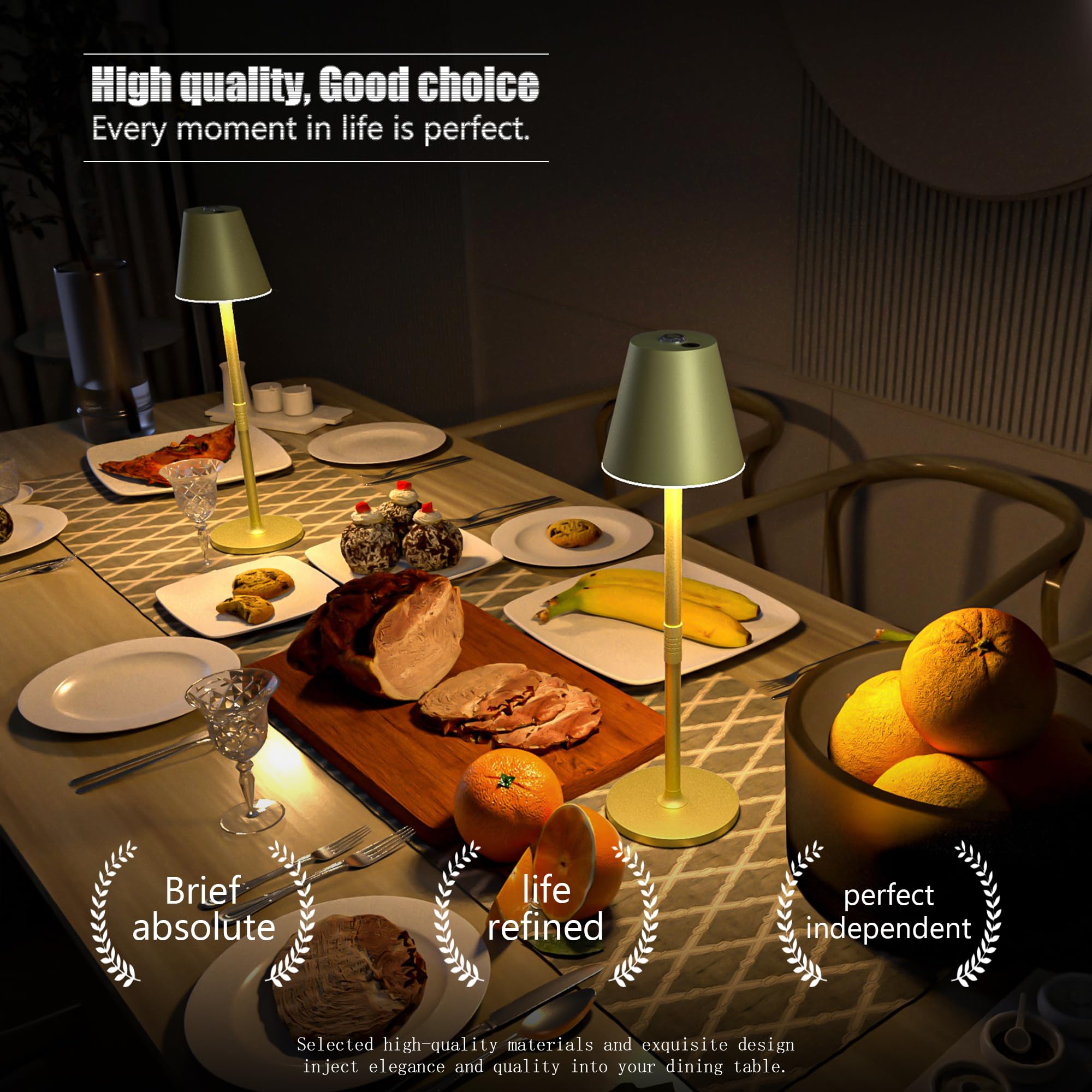 Timjorman 2Pack LED Cordless Table Lamp - 4000mAh Rechargeable, 3 Level Brightness, Metal Shell, Champagne Gold