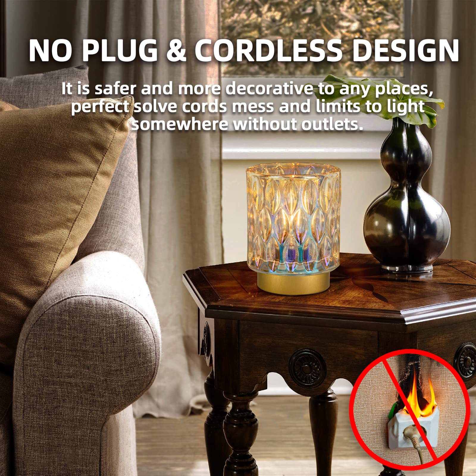 MJ PREMIER Battery Operated Table Lamps, Mini Crystal, 2 Packs, Cordless LED, Pearl Color, Decorative for Home Use