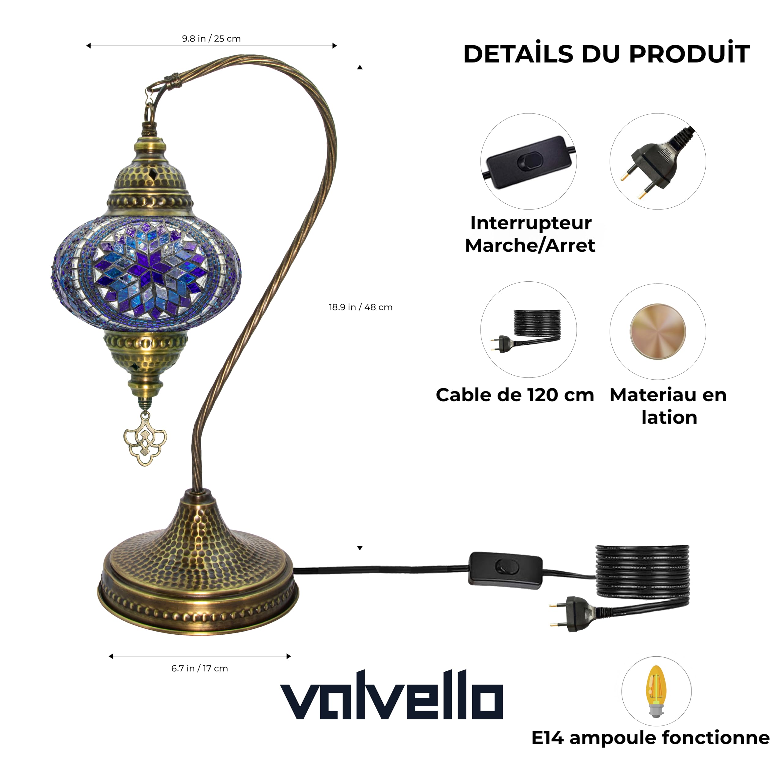 VALVELLO Turkish Moroccan Mosaic Swan Neck Lamp, Night Light, Tiffany Style, Vintage, Decorative Glass Table Lamp for Bedroom, O