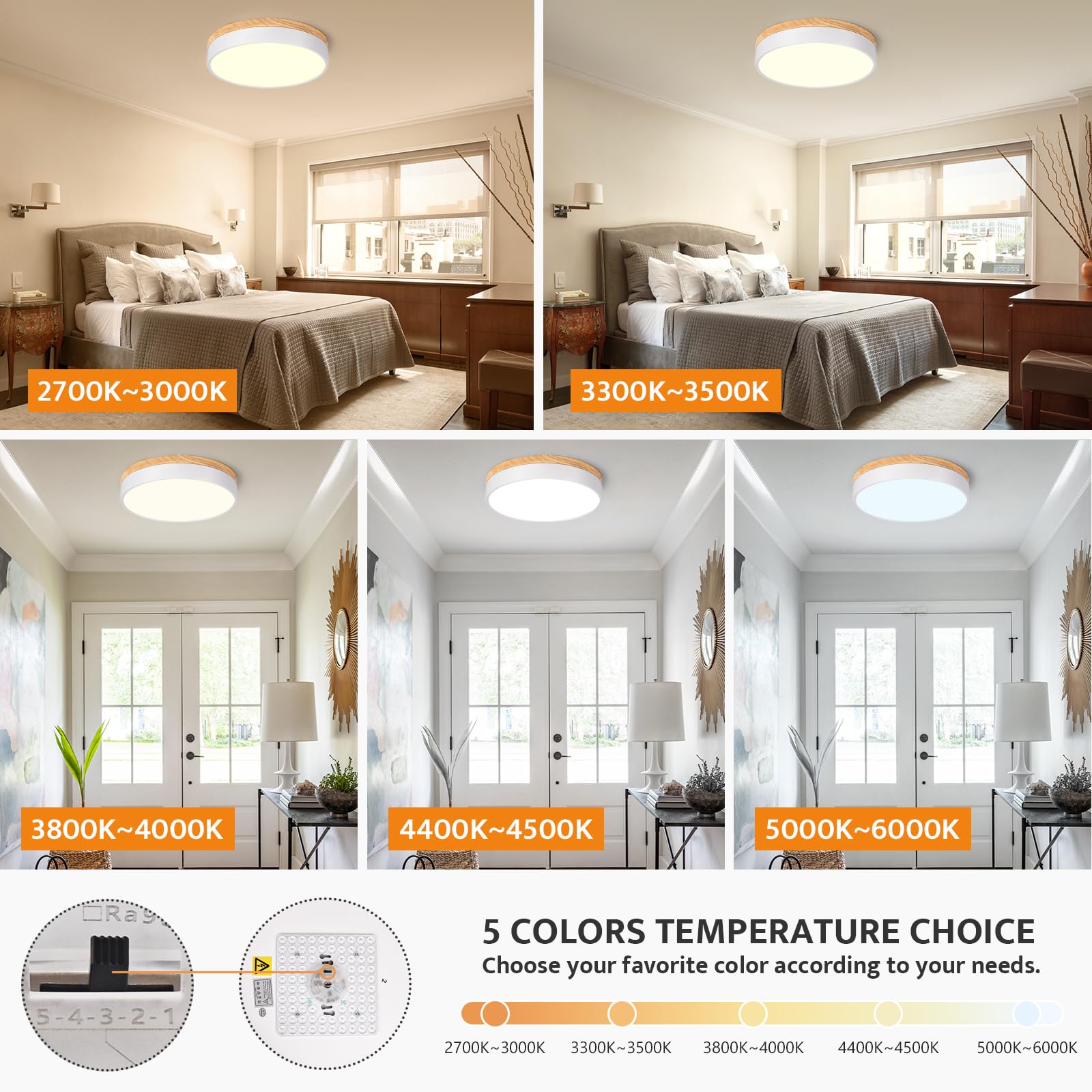 Yiisem Dimmable Wood LED Flush Mount Ceiling Light, 11.8in Modern, 5CCT 2700K-6000K, White Finish, Model 2022052404
