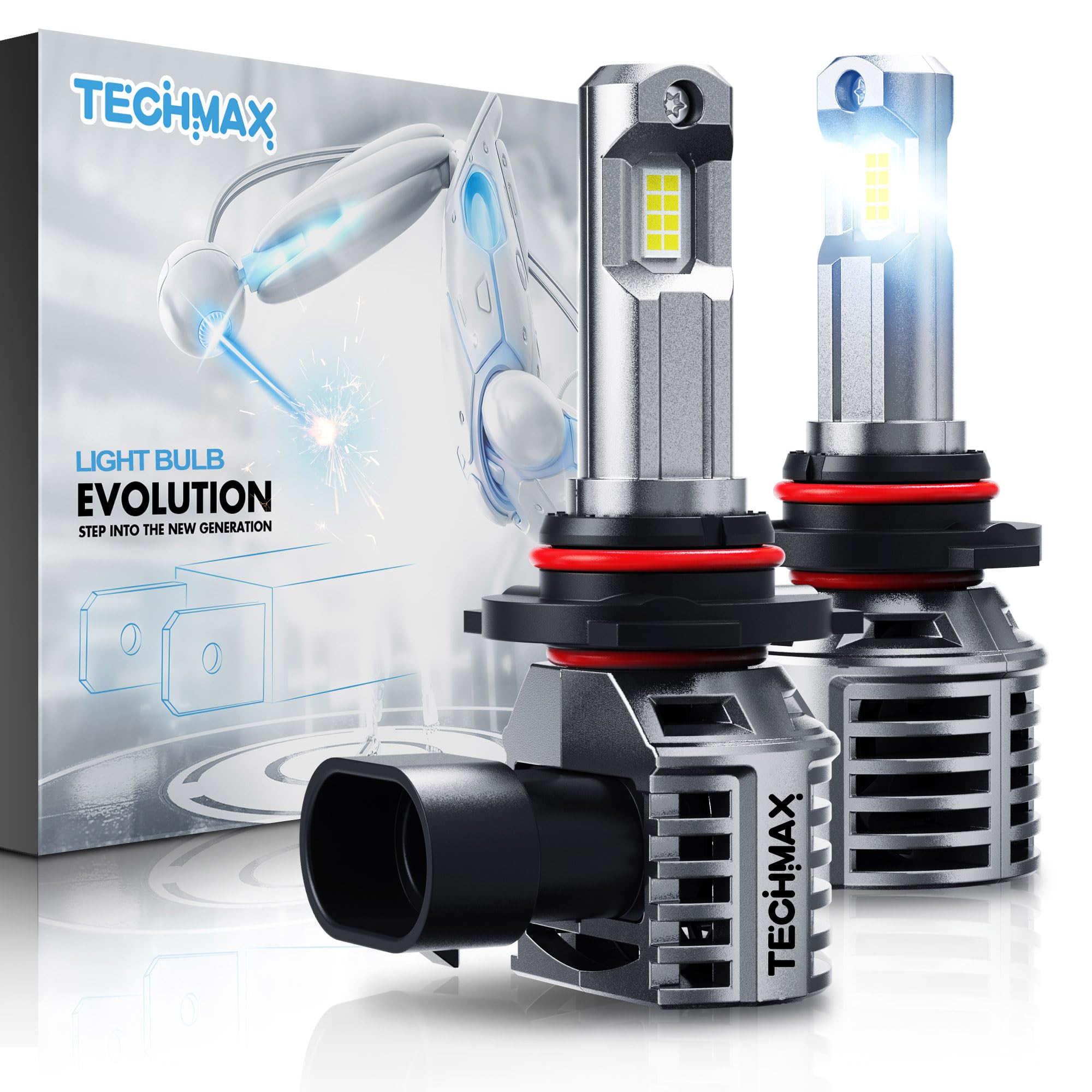 TECHMAX 9005 Light Bulb, 600% Bright, 6500K, Plug and Play, Aluminum, Gray, Pack of 2