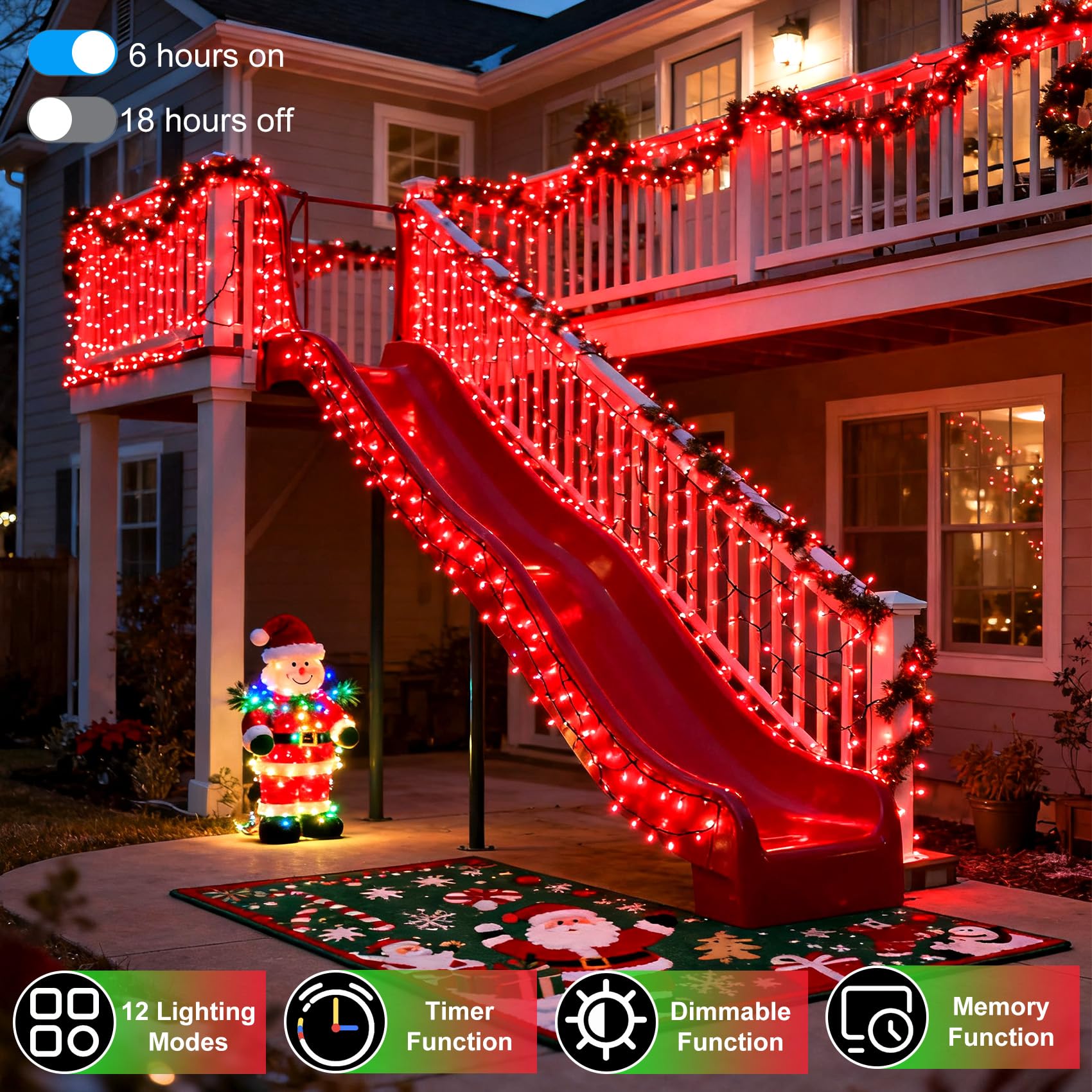 340 Led 90Ft Christmas String Lights Outdoor  12 Pro Modes And Timer Memory & Brightness  Plug In Outdoor Waterproof Clear Wire Twinkle Light For For Xmas Yard Tree Wedding Party Decor (Red)