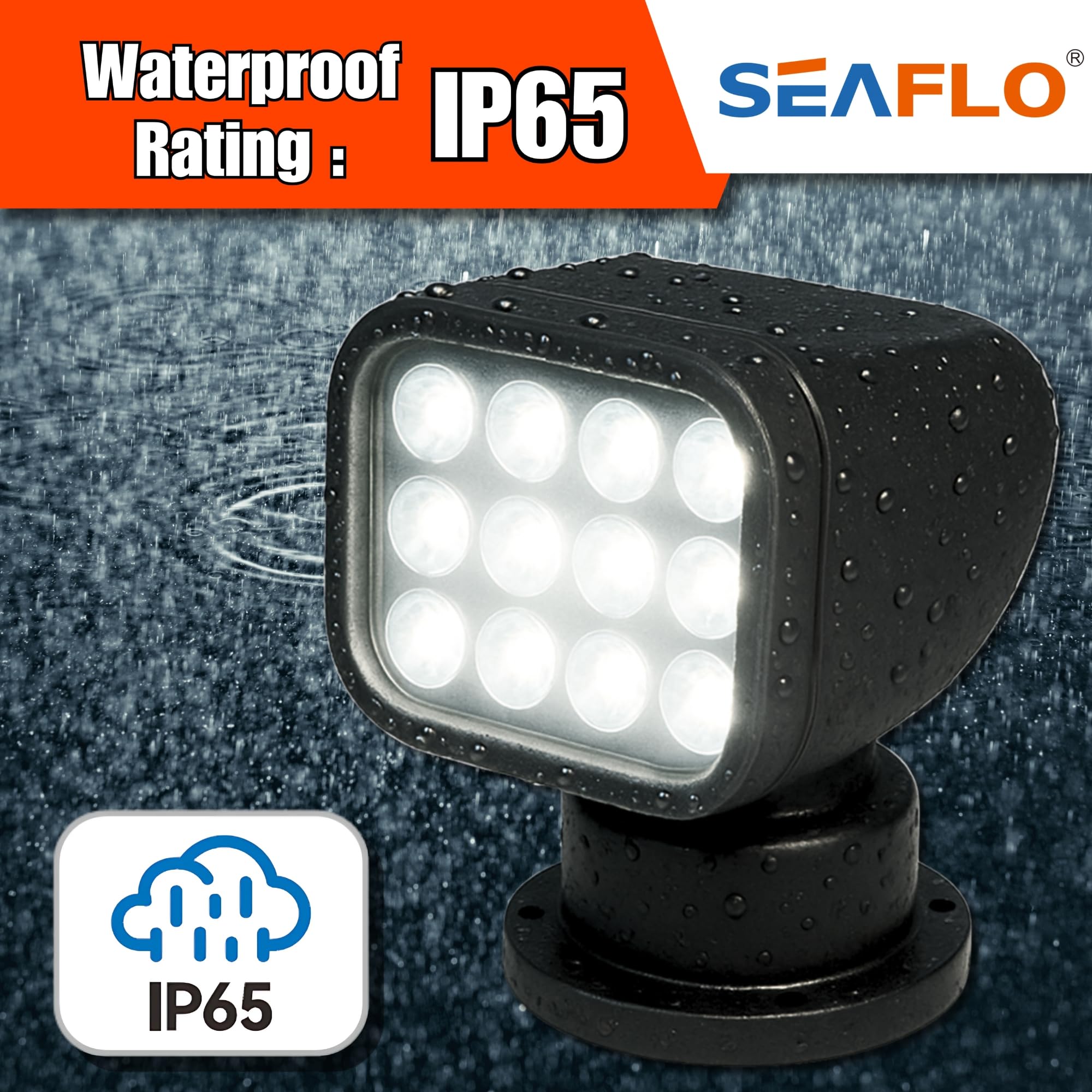 Seaflo 360 Rotating Remote Control Led Searchlight  10-30V  Auto-Reset  Ip66 Waterproof  Marine Spotlight For Boats  Truck  Vehicles  Ce & Rohs Certified (Wireless Remote/Black/White Light 5500K)
