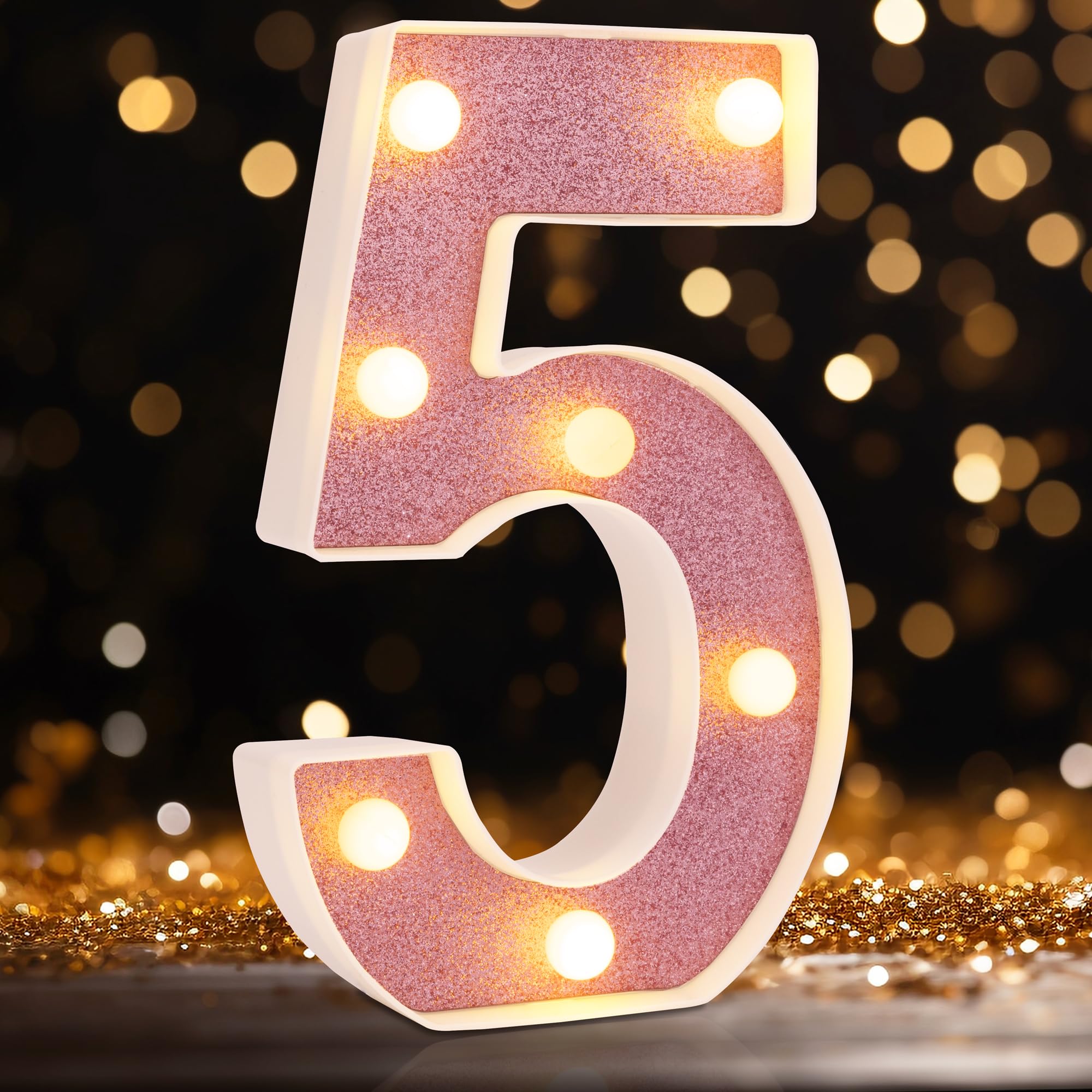 DyingSwan LED Marquee Number 5, Pink Glitter, 8.58 Inch, Battery Powered Light Up Decor for Parties and Home