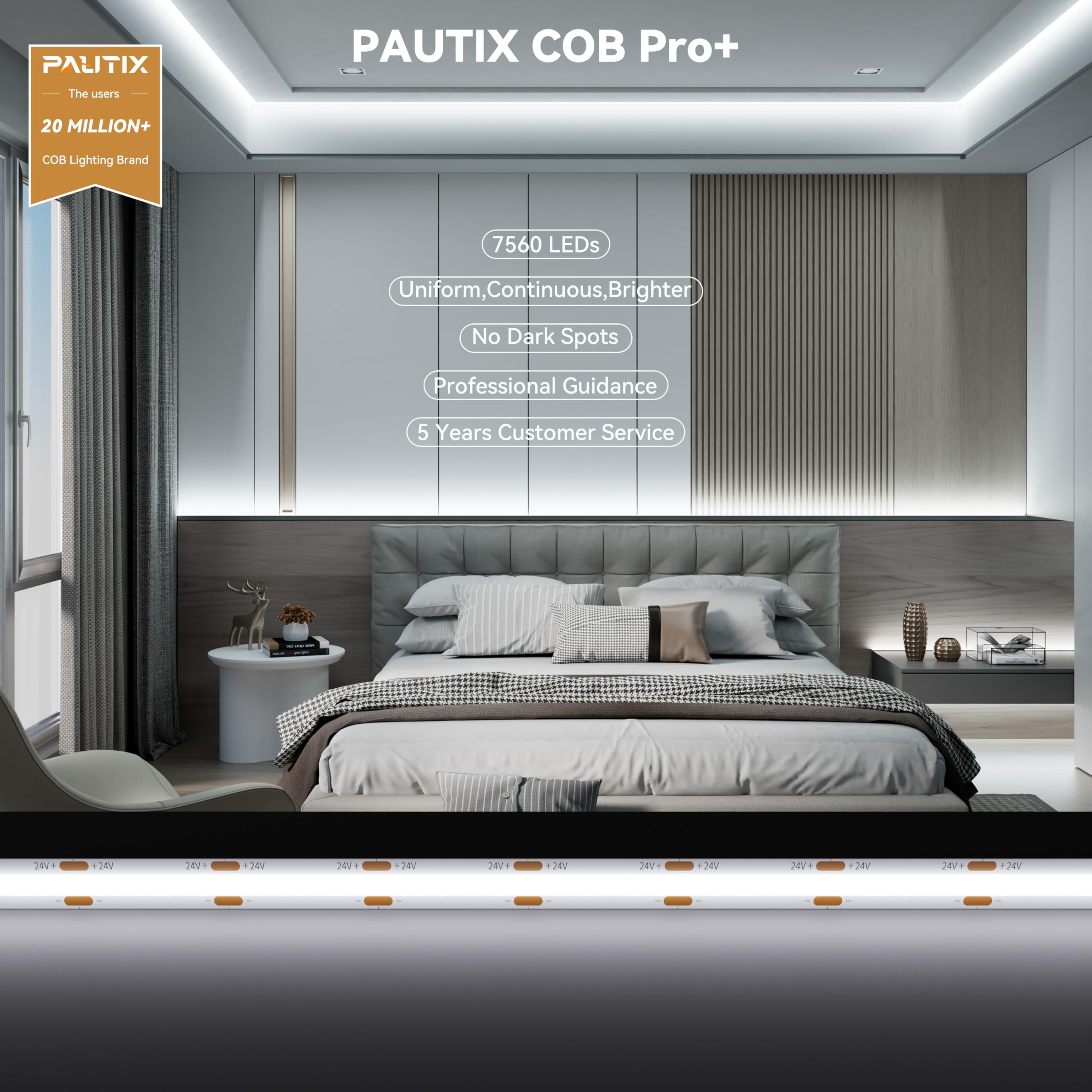 PAUTIX COB LED Strip Lights, 48ft Daylight White 6000K, 504 LEDs/m, Flexible LED Tape for Home DIY Projects