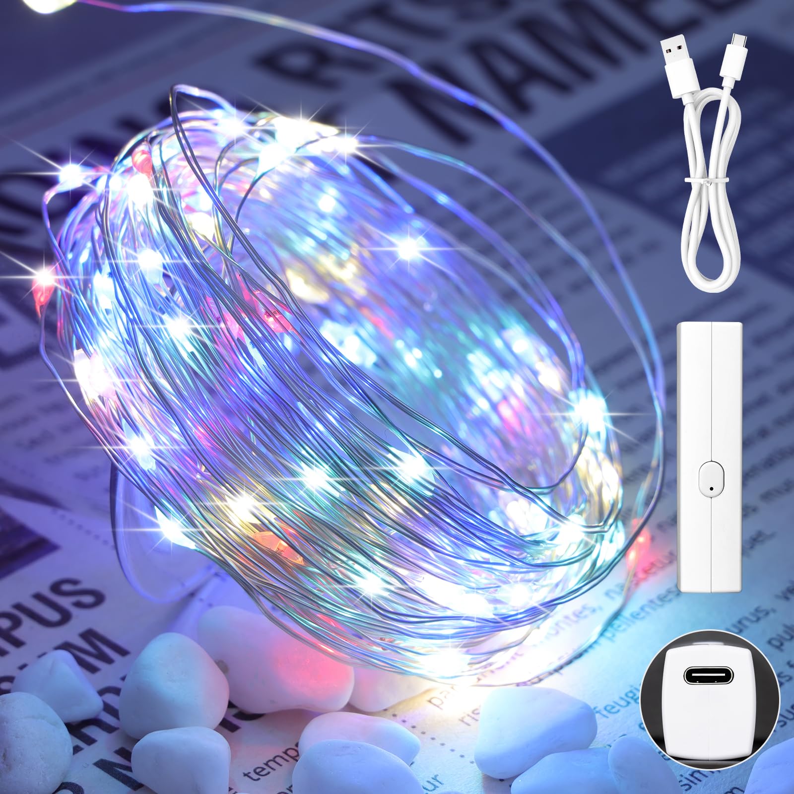 Lakumu 33ft 100LED Multicolor String Lights, Battery Operated Fairy Lights, Silver Plated Copper Wire, Ideal for Bedroom, Christmas, Party