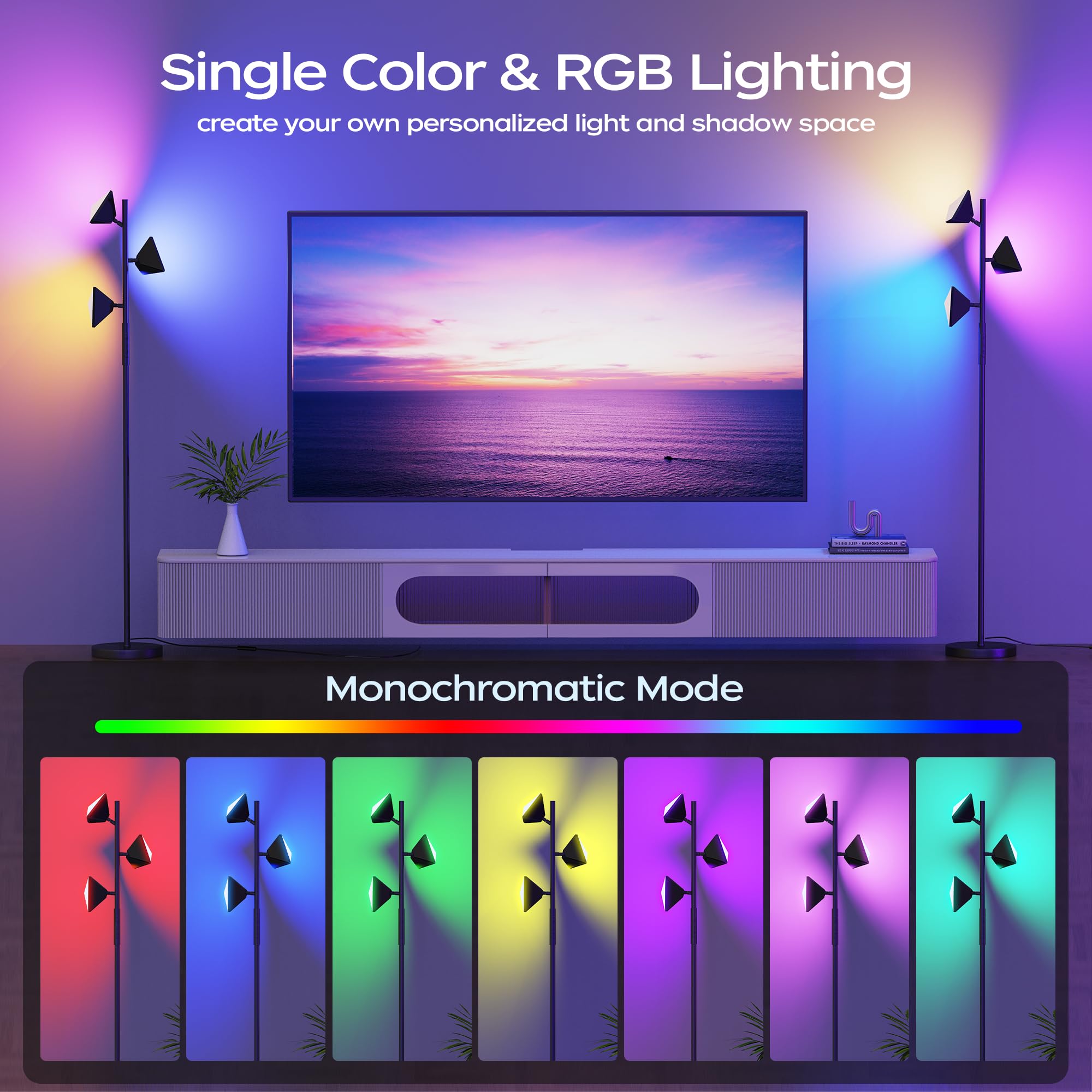 Rgbcw Floor Lamp, 36W Color Changing Led Tree Floor Lamp, Stepless Dimmable Tall Standing Lamp With Remote & Touch Control, 2700