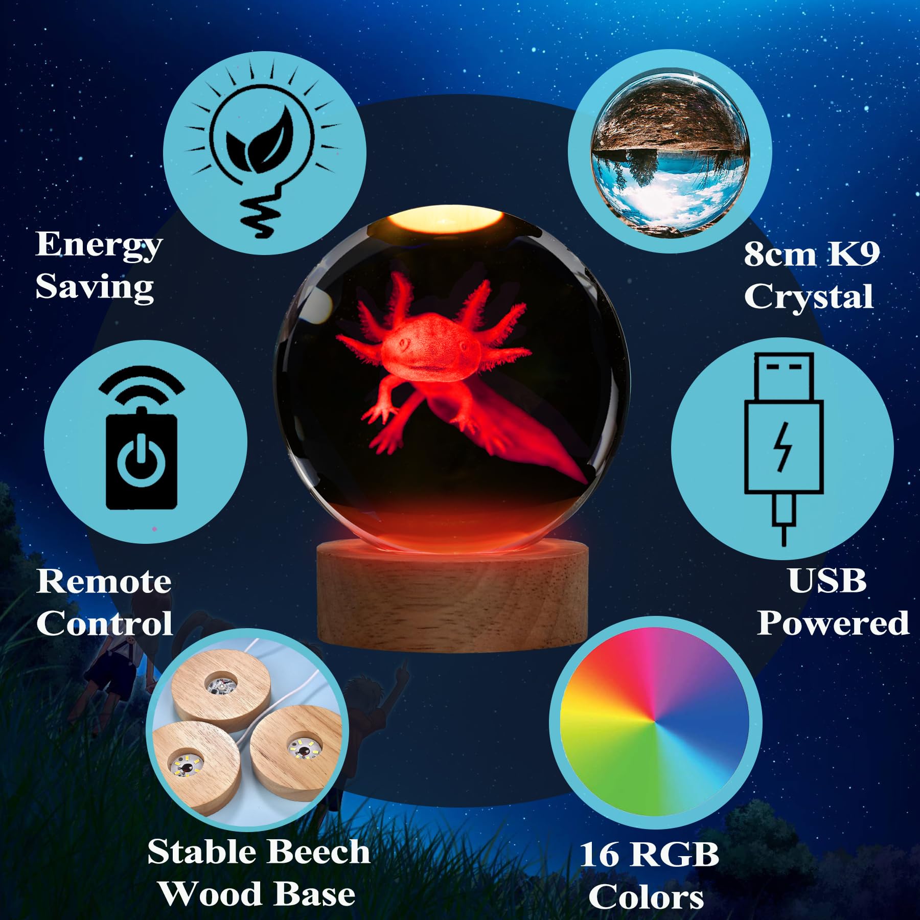 POSSHE Axolotl Night Light - 3D Crystal Ball Lamp with Remote, 16 Colors, 3.15 Inch - Unique Gifts for Boys & Girls, Model MY-3D L