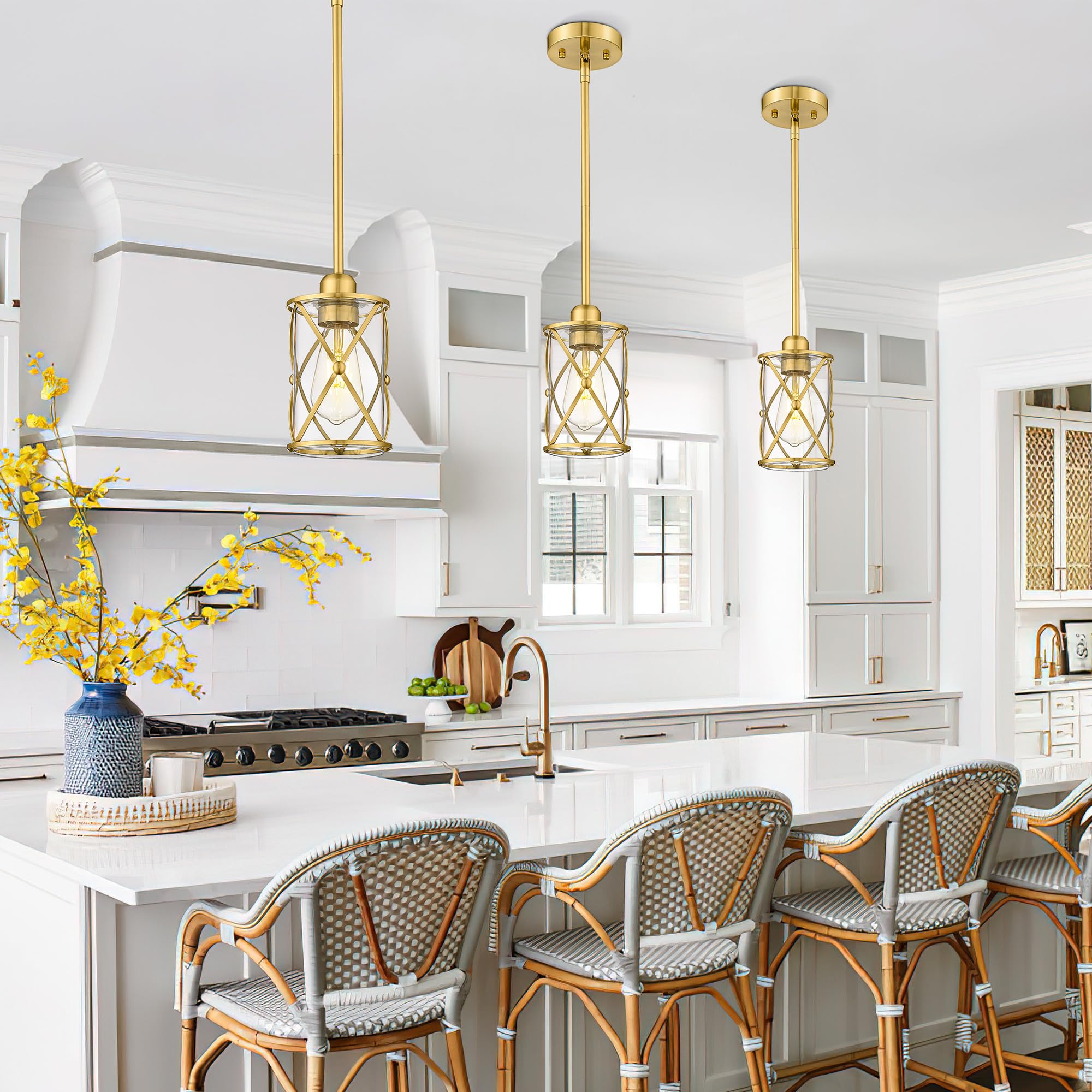 Osimir Brushed Gold Pendant Lights Kitchen Island 3 Pack, Glass Kitchen Pendant Lighting Over Island With Rod, Modern Mini Hangi