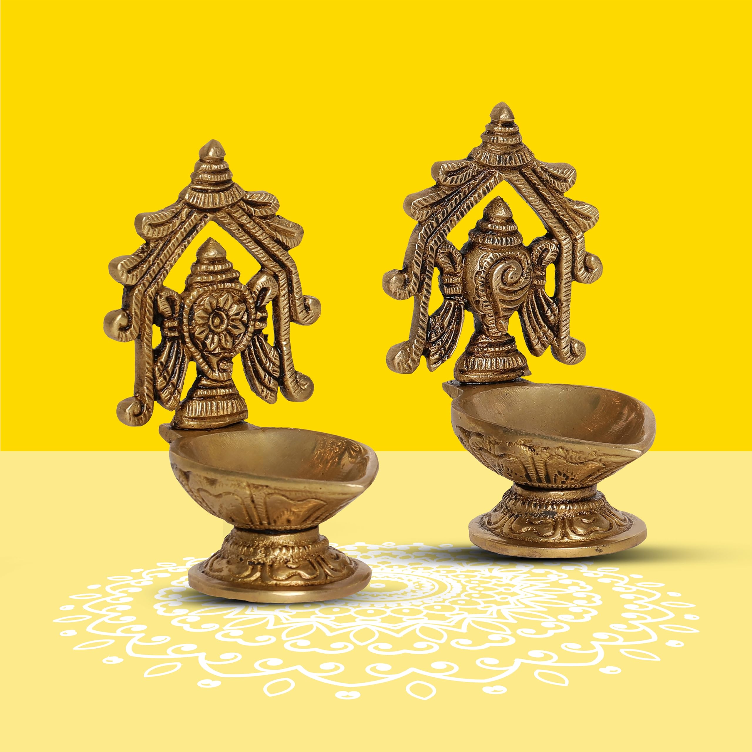 10Club Pure Brass Shankh Chakra Antique Arch Design Diya (2 pcs) | 4.8L X 6W X 10H cm, 400 gm | Brass Yellow Antique Finish | Pu