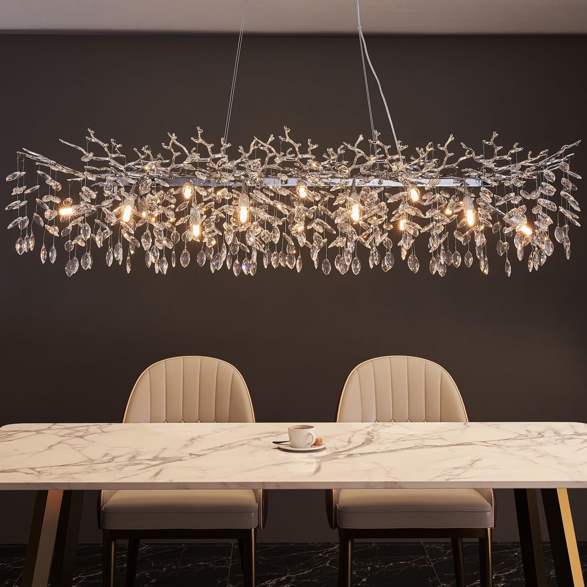 Modern Tree Branch Chandelier, 16 Lights Rectangular 59'' Crystal Silver Chandeliers Height Adjustable for Kitchen Island Dining