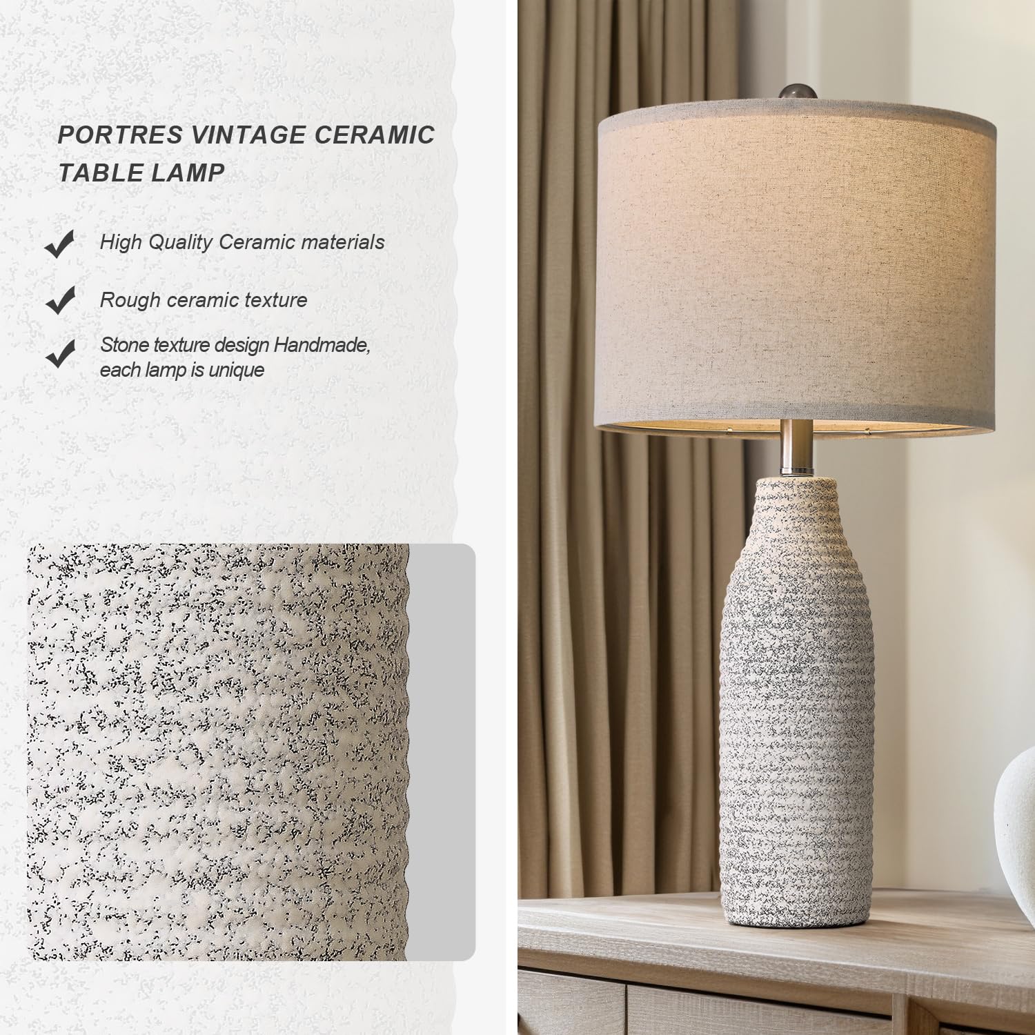 Portres 25'' Ceramic Table Lamp For Bedroom Bedside Lamps For Night Stands Modern Lamps For Living Room With Rotary Switch Gray