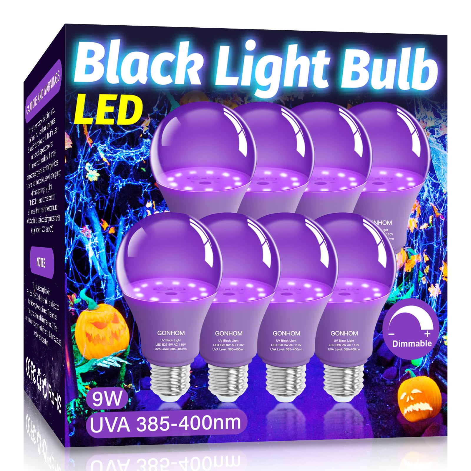 Gonhom 8 Pack A19 Led Black Light Bulbs,Dimmable 9W Blacklight Bulb(100W Equivalent), E26 Base 110V, Uva Level 385-400Nm, Glow I