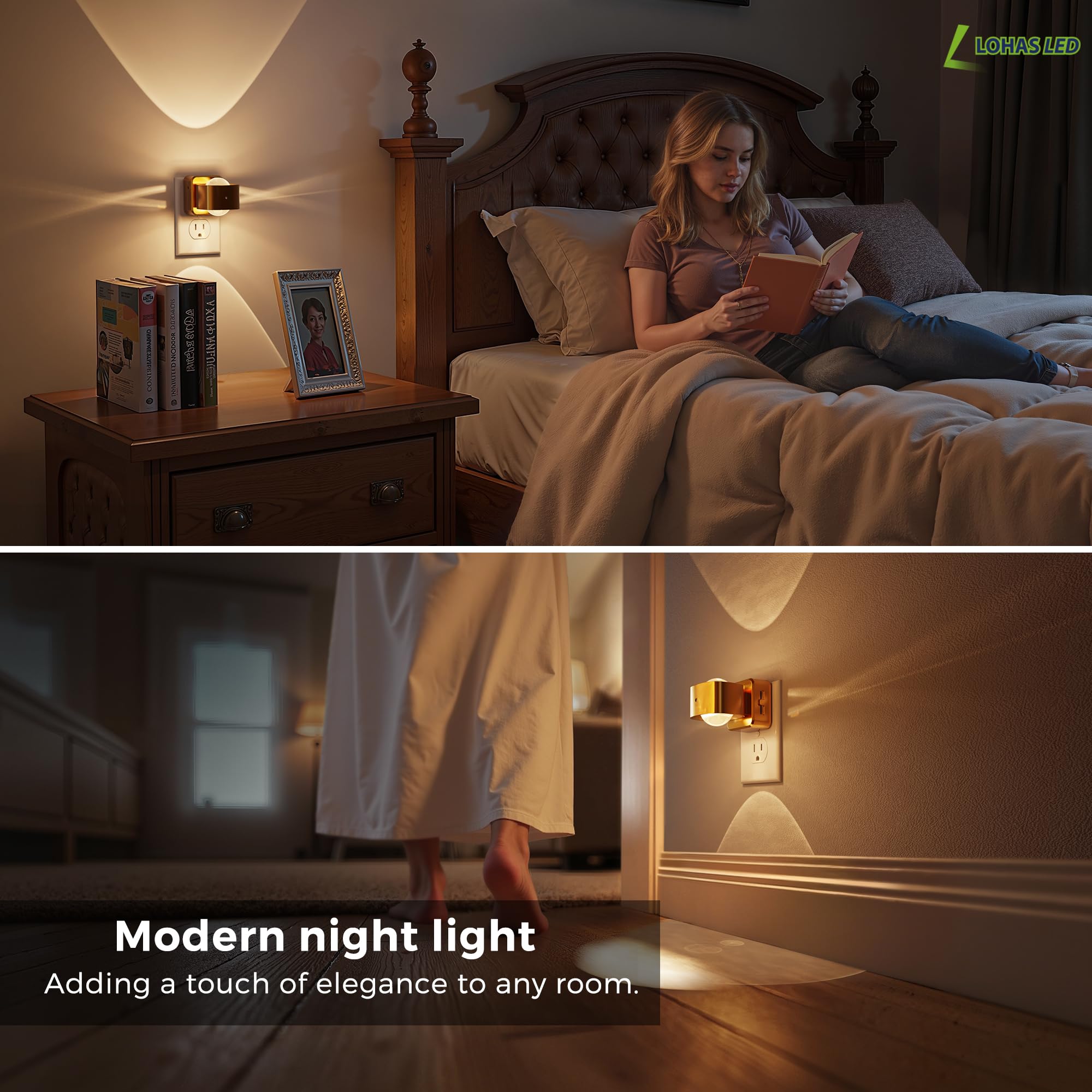 L LOHAS LED Night Light Projector, Dusk to Dawn Sensor, Rotating Soft White Ambient Light for Kids, Model A-GY154-02DBA1US, Electroplated Copper
