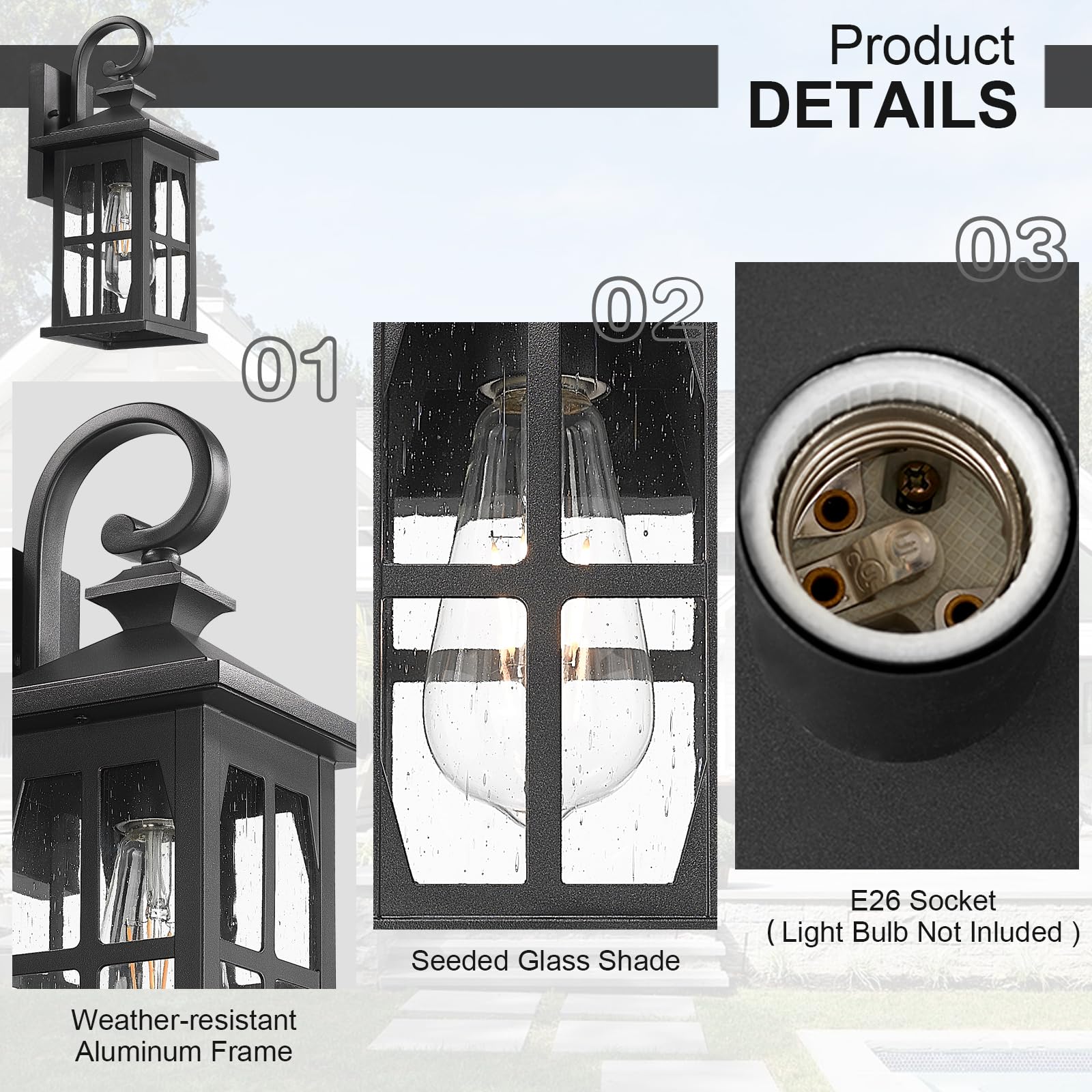 Darkaway Outdoor Light Fixtures Wall Mount  Outdoor Wall Lights Exterior Lighting Fixtures Waterproof Black Outside Wall Sconce With Seeded Glass For House Porch Hallway Garage Front Door