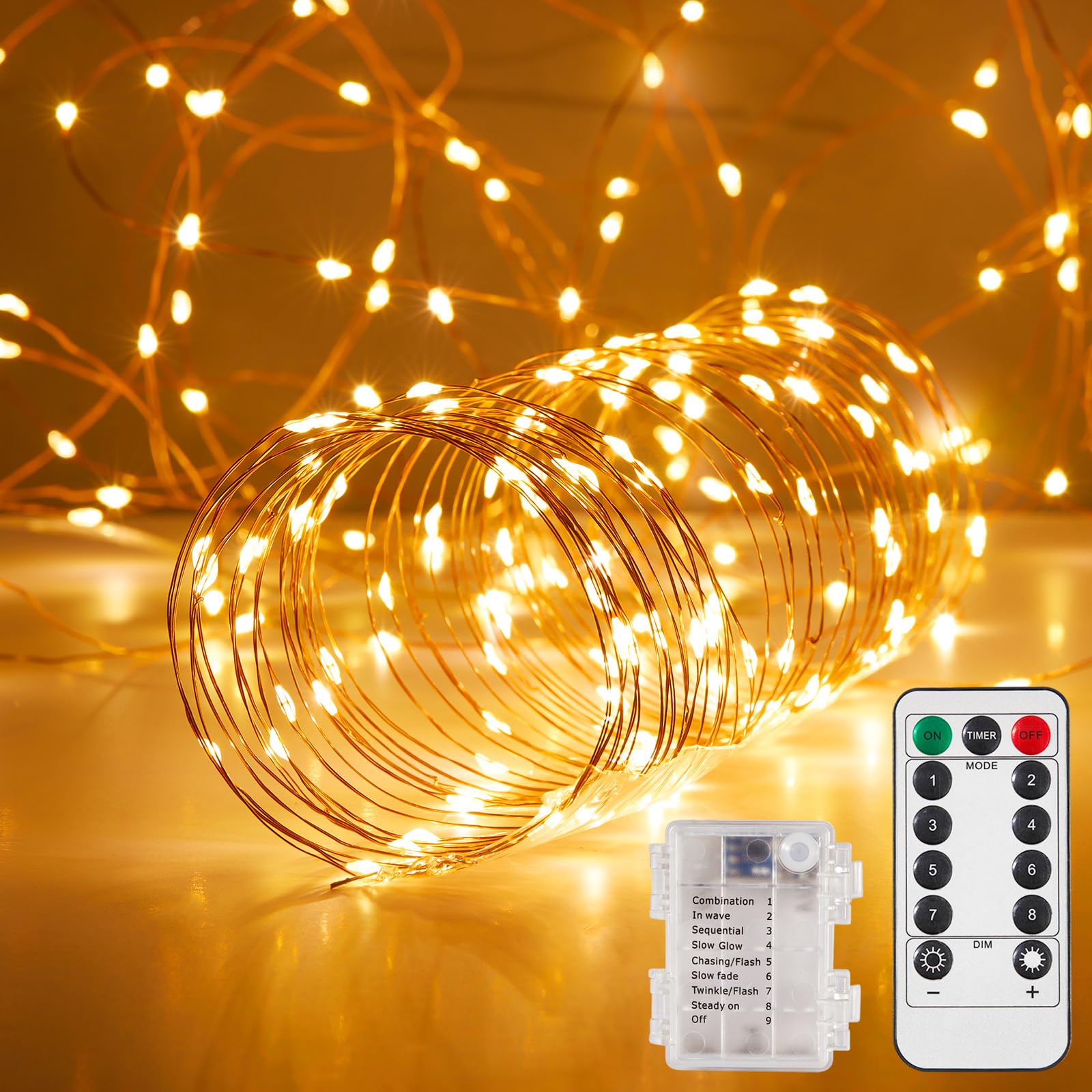 Ariceleo 2 Pack 65.6 Ft. Battery Operated Outdoor String Lights with Remote & Timer, LED Warm White Fairy Lights, Waterproof Twinkle Lights for Bedroom, Dorm, Mason Jar, Wedding, Party, Christmas