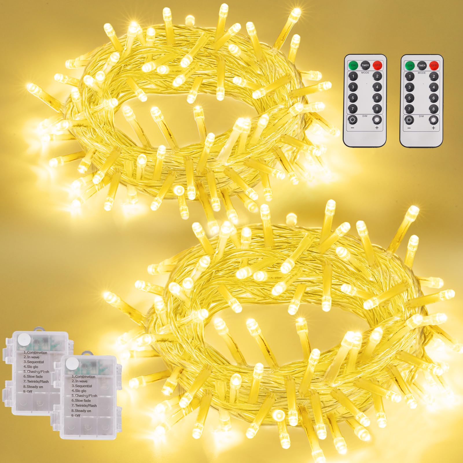 YEGUO Christmas Lights Battery Operated, 2 Pack Each 33ft 100 LED Warm White String Lights Outdoor Waterproof, 8 Modes Clear Wir