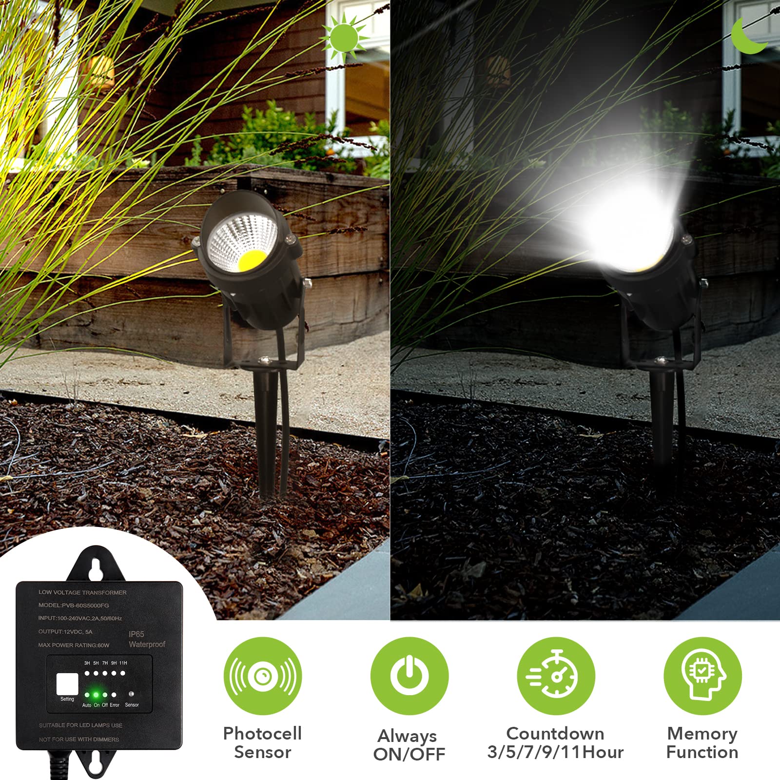 Paktonvo 60W Low Voltage Transformer With Timer And Photocell Sensor, 120V Ac To 12V Dc, Ip65 Waterproof, Supply For Led Landscape Light, Outdoor Spotlight, Pathway Light,Garden Light