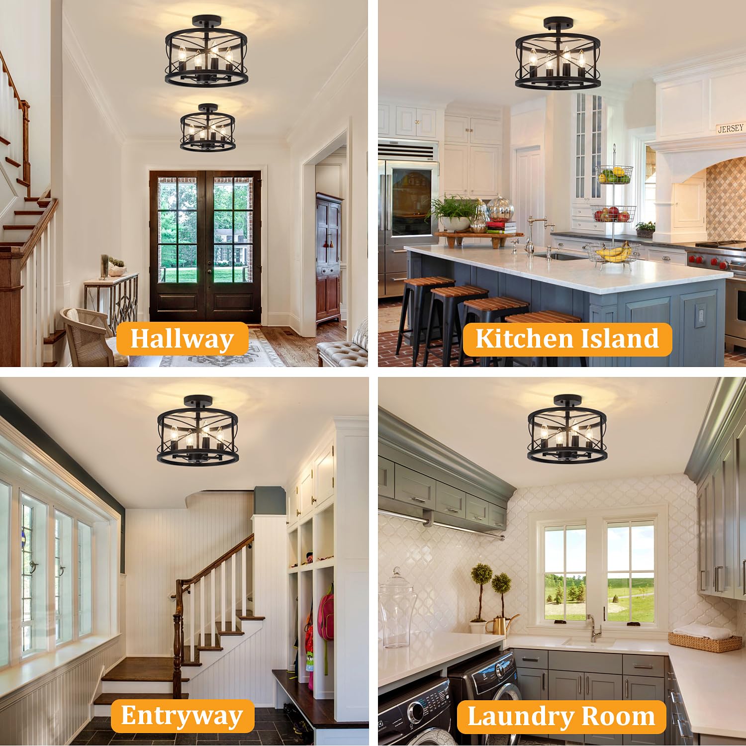 Toulmj 4-Light Black Semi Flush Mount Ceiling Light, Modern Entryway Light Fixtures, Farmhouse Light Fixtures Ceiling Mount For