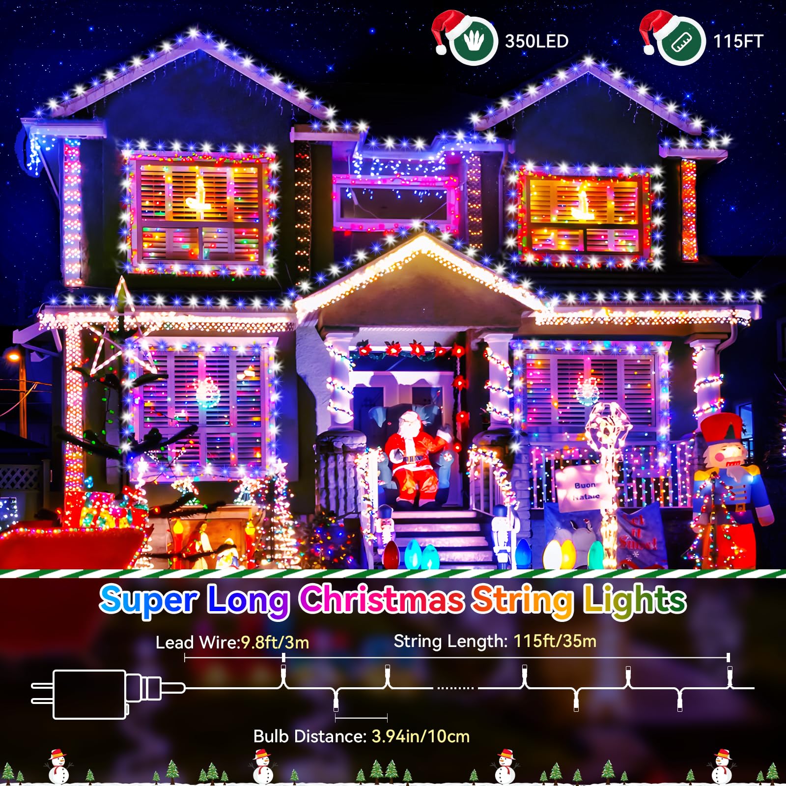 Heceltt LED String Lights, 125FT 350 Lights, 8 Modes, Waterproof, Blue and Cold White, Model BG-CL3M3-306L01