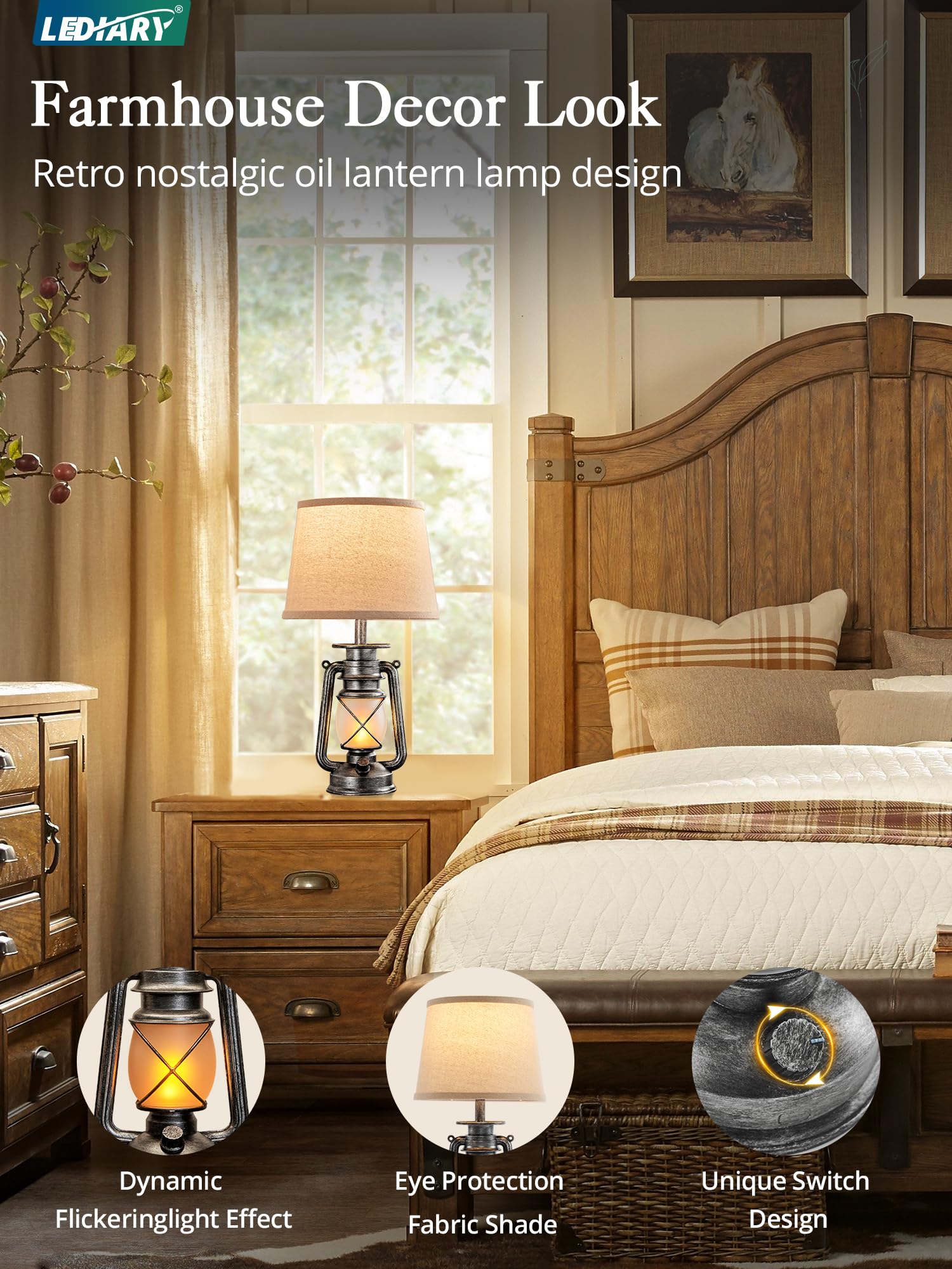 Lediary 18.72'' Sliver Led Lantern Flickering Flame Table Lamps For Bedrooms Set Of 2, Small Farmhouse Rustic End Table Lamps, H