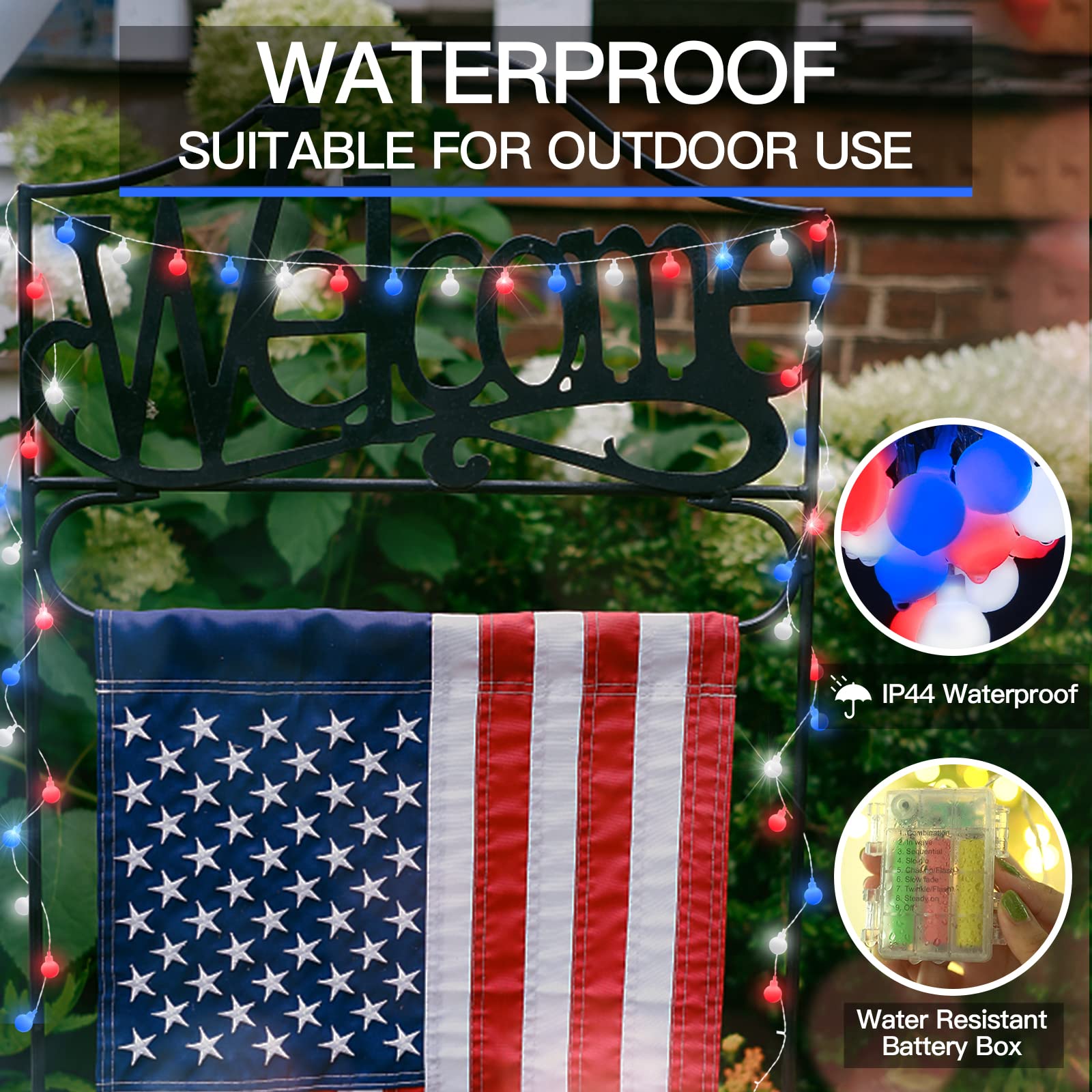 suddus Fairy Lights, 50 LED Battery Powered String Lights, Red White and Blue for Indoor and Outdoor Use