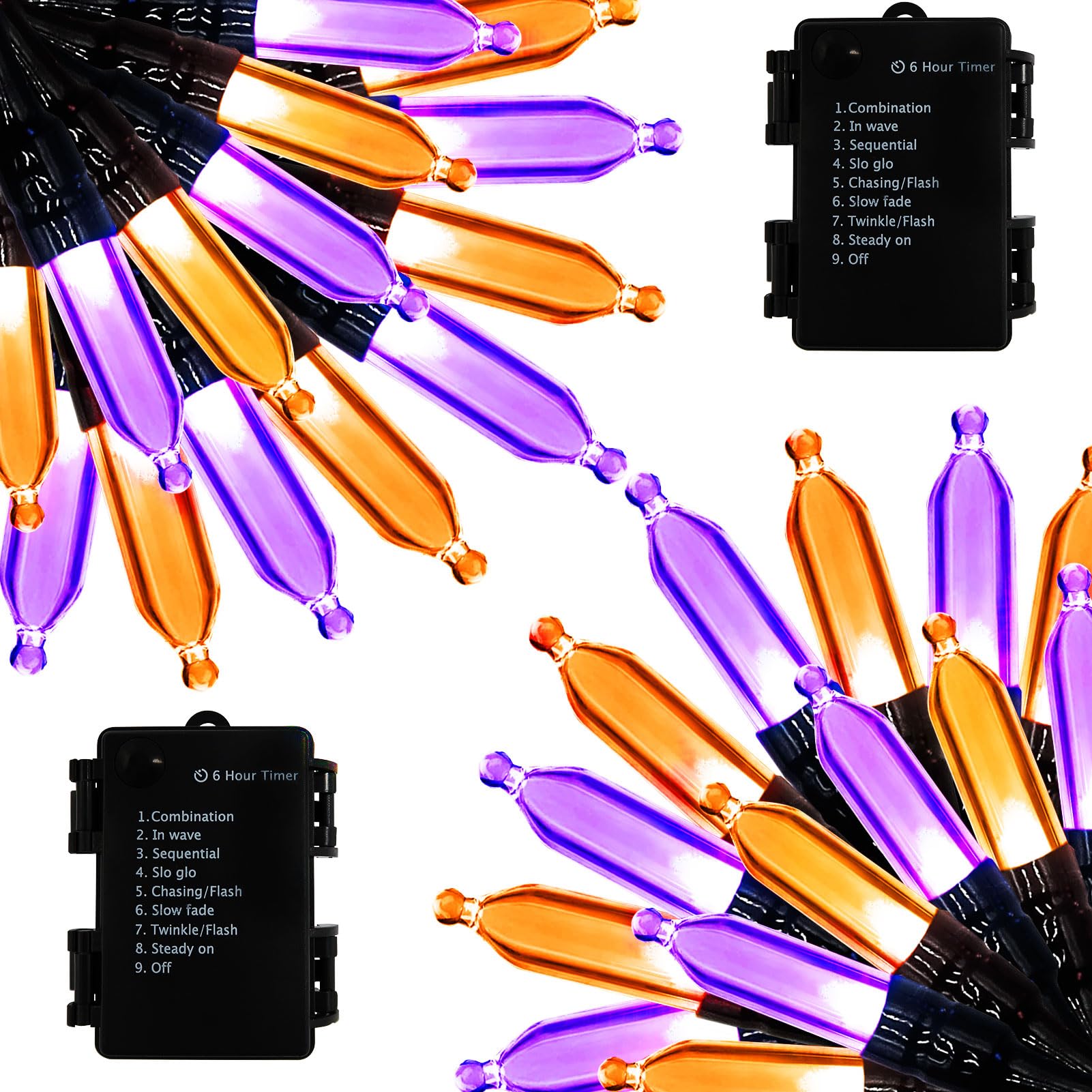 Orange Purple Halloween Lights Battery Operated, 2 Pack Total 46Ft 140 LED Mini String Lights with Timer 8 Modes Twinkle Lights 