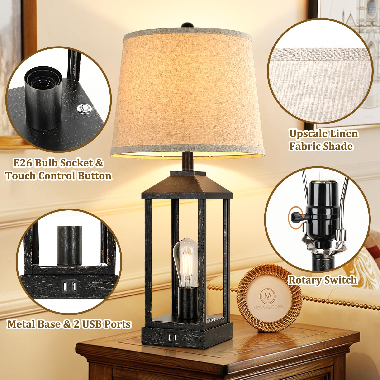Black Bedside Table Lamp For Living Room, 3-Way Dimmable Touch Control Modern Nightstand Lamp With 2 Light, 28'' Rustic Farmhous