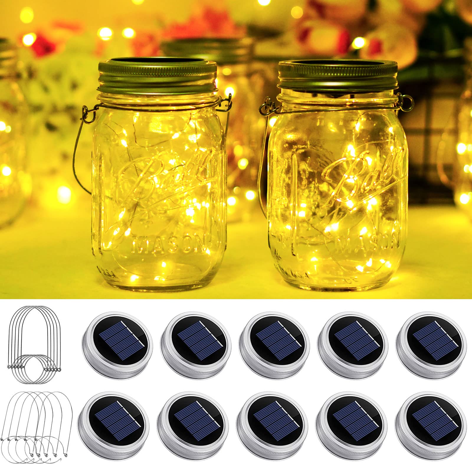 Smilingtown Solar Mason Jar Light Lids - 10 Pack, 20 Led Warm White Fairy String Lights
