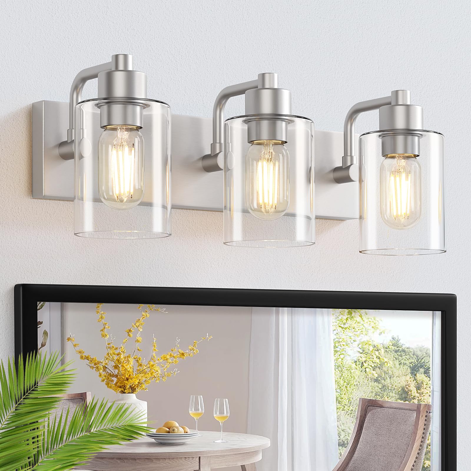 Dpyrrhic 3-Light Bathroom Light Fixtures, Brushed Nickel Wall Sconces with Clear Glass Shade, Model JD-190